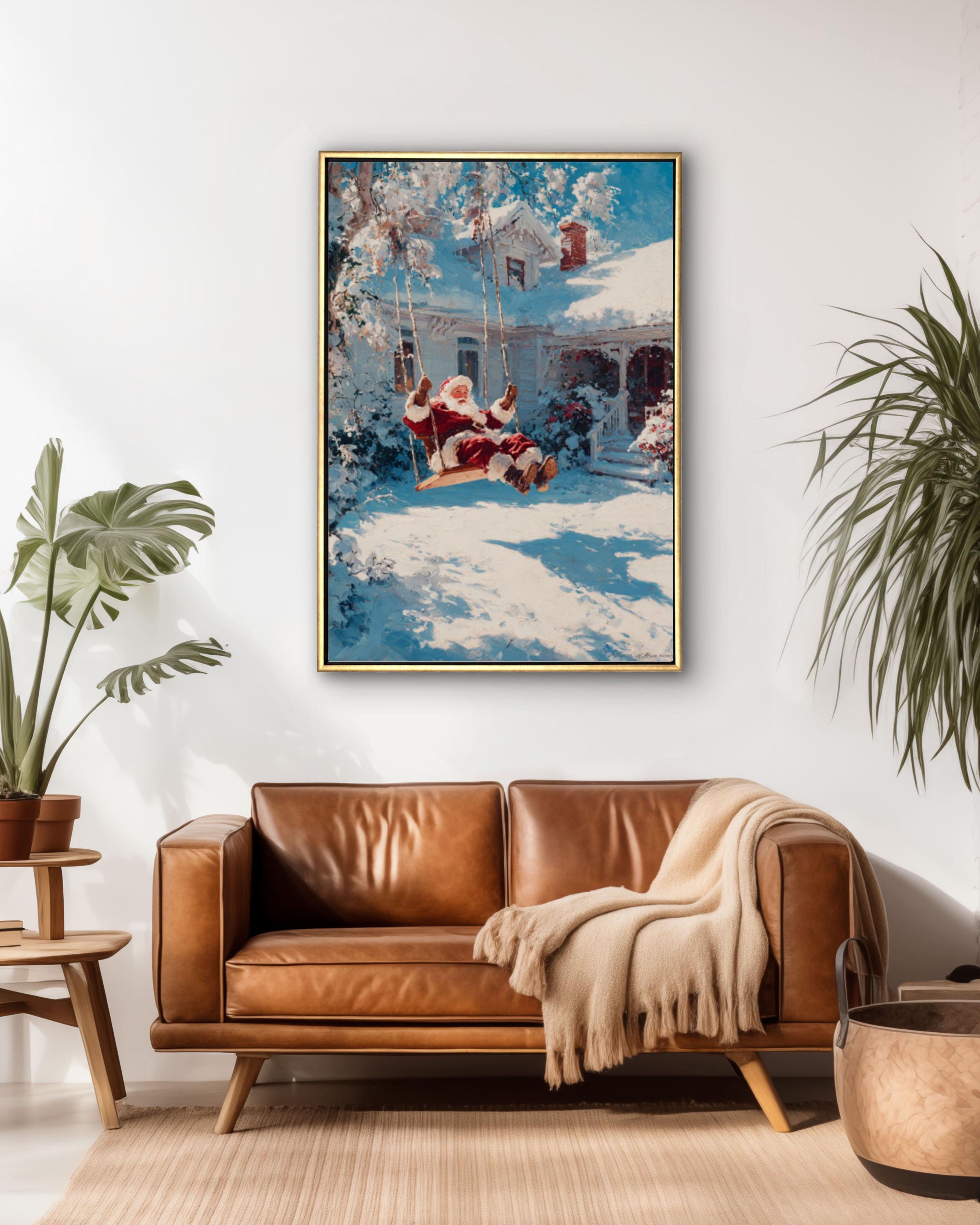 Santa on Swing Christmas Wall Art – Cozy Winter Cottage Canvas Print