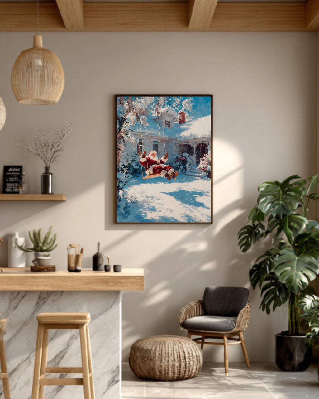 Santa on Swing Christmas Wall Art – Cozy Winter Cottage Canvas Print