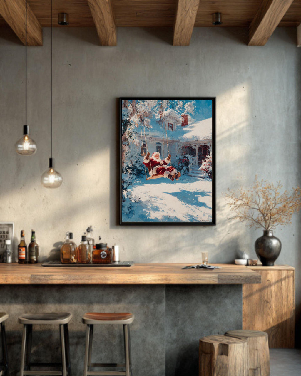 Santa on Swing Christmas Wall Art – Cozy Winter Cottage Canvas Print