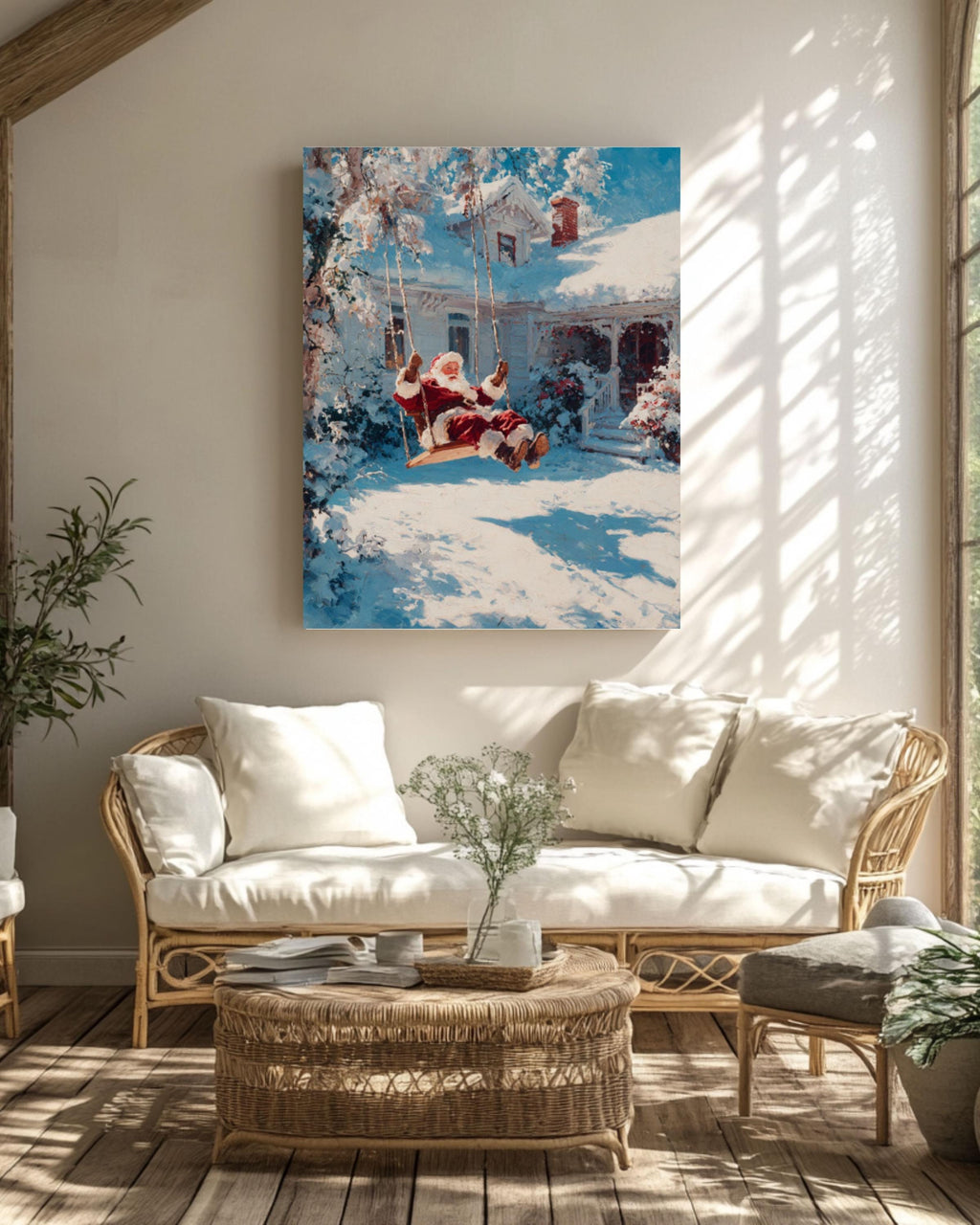 Santa on Swing Christmas Wall Art – Cozy Winter Cottage Canvas Print