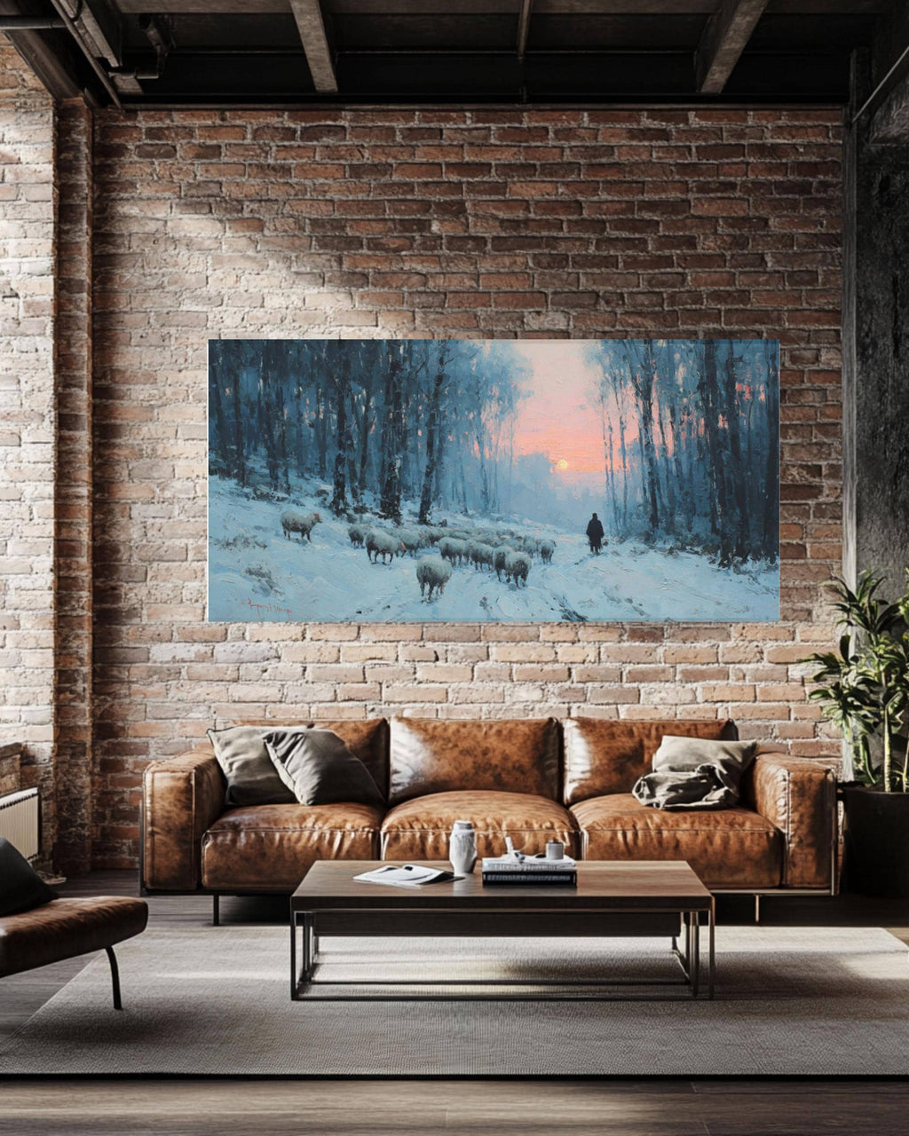 Winter Sheep Snowy Forest Sunset Canvas Wall Art – Rustic Farmhouse Décor