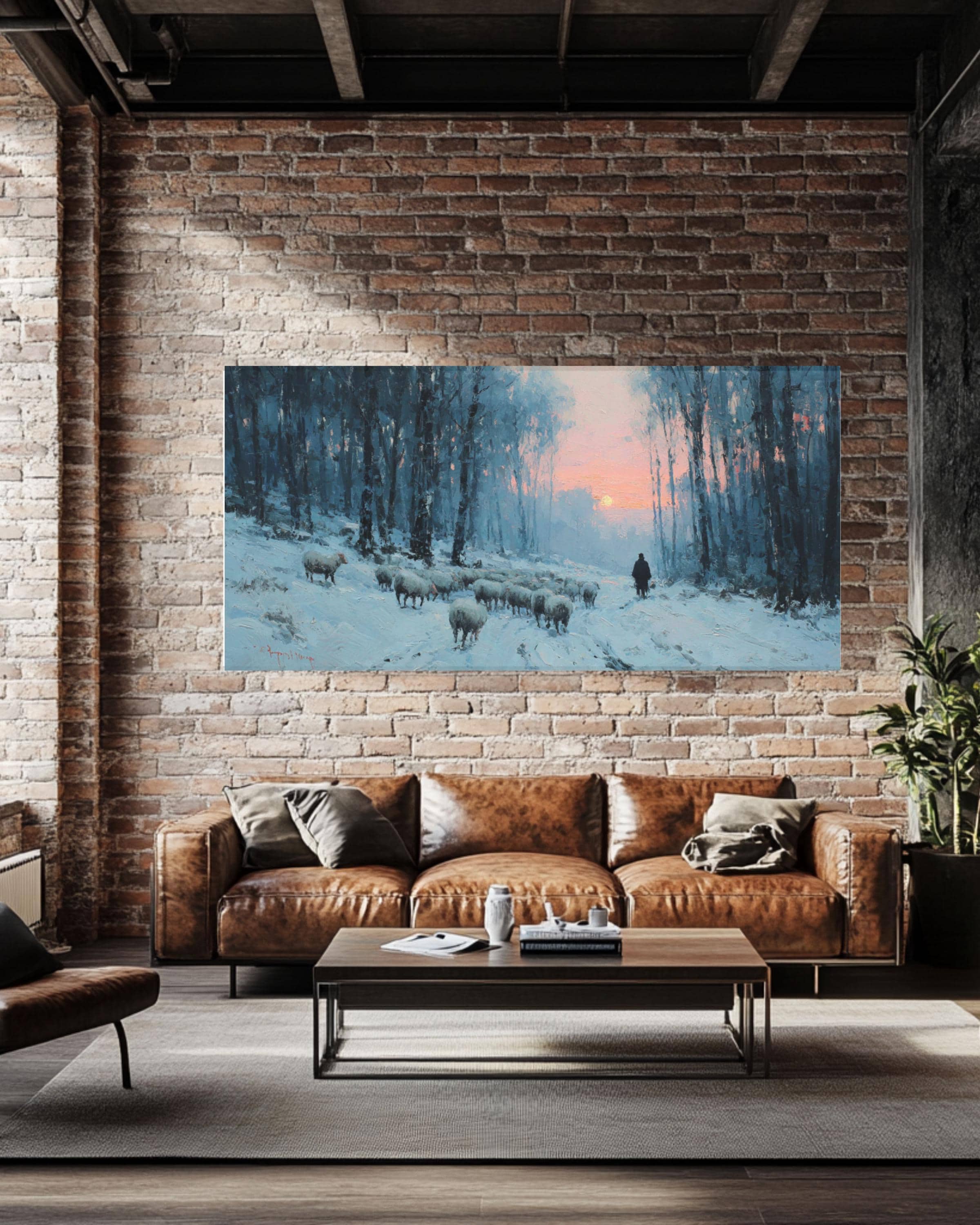 Winter Sheep Snowy Forest Sunset Canvas Wall Art – Rustic Farmhouse Décor