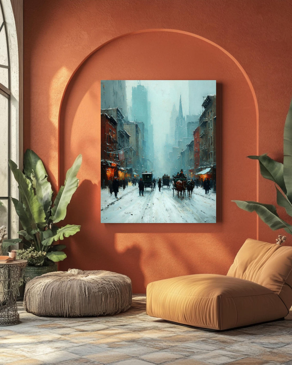 Vintage New York Winter Street Canvas Art – Horse Carriage City Scene