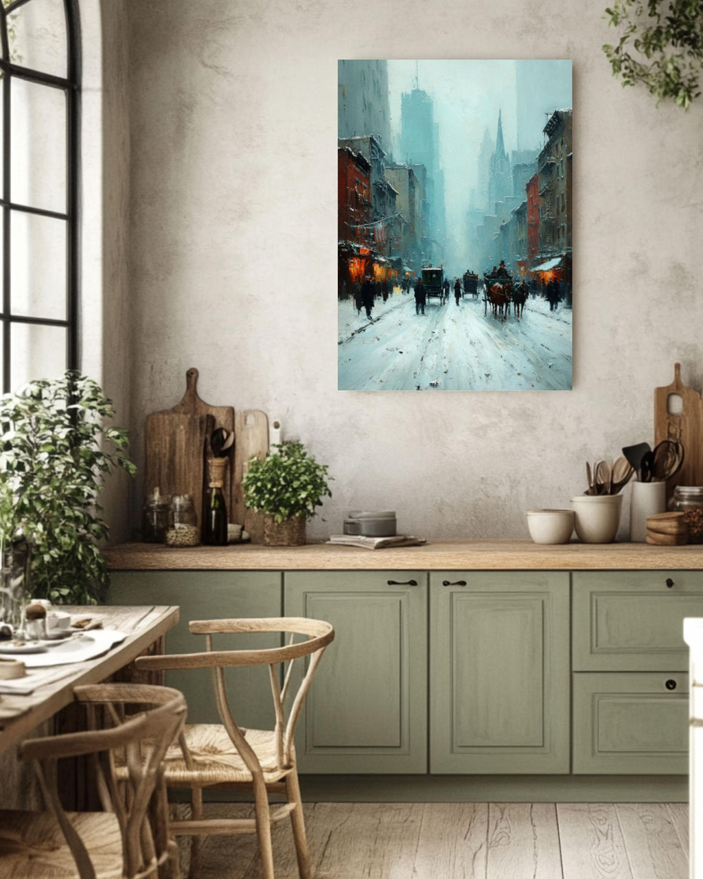 Vintage New York Winter Street Canvas Art – Horse Carriage City Scene