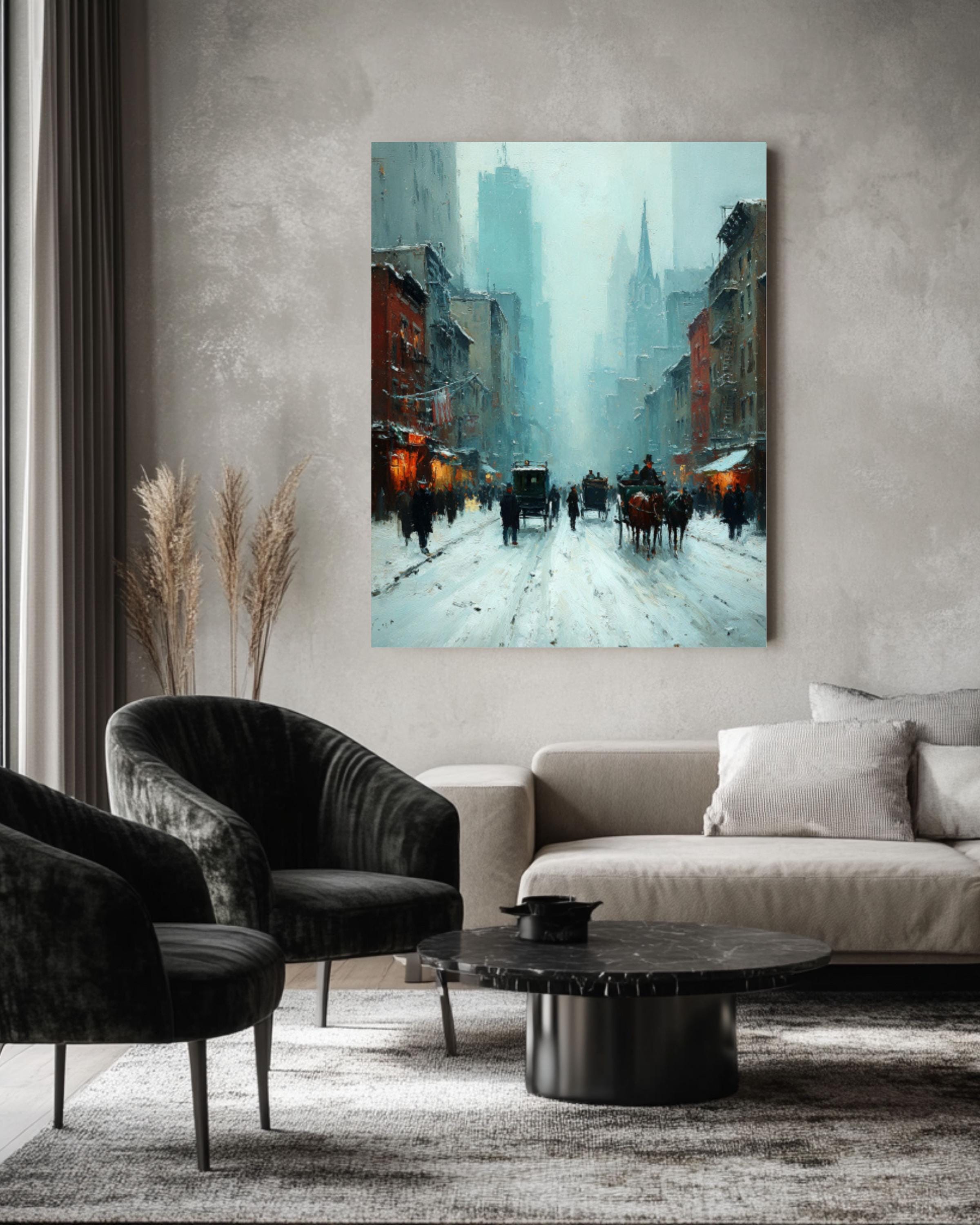 Vintage New York Winter Street Canvas Art – Horse Carriage City Scene