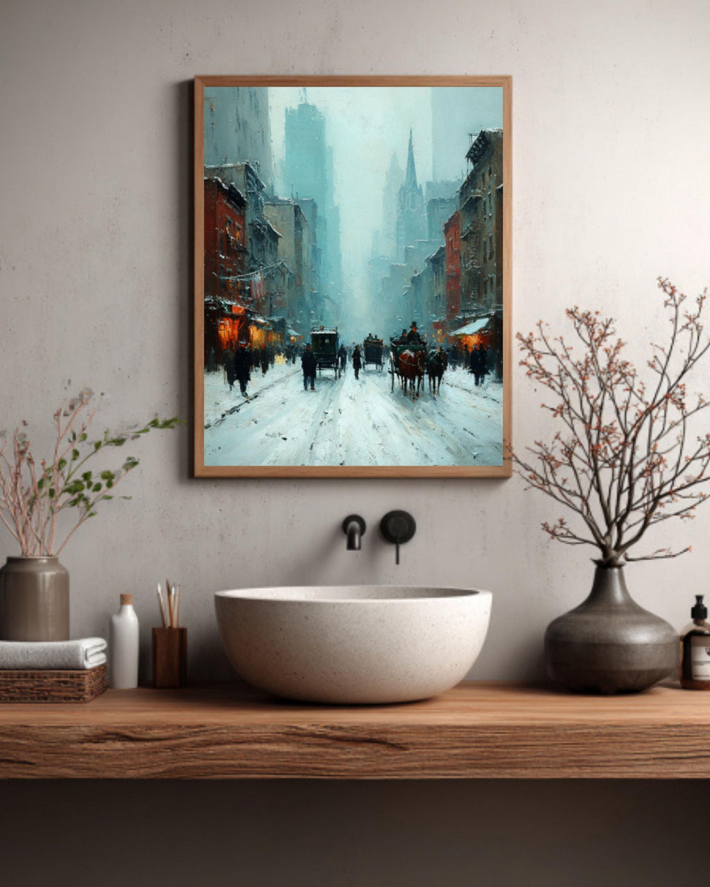 Vintage New York Winter Street Canvas Art – Horse Carriage City Scene