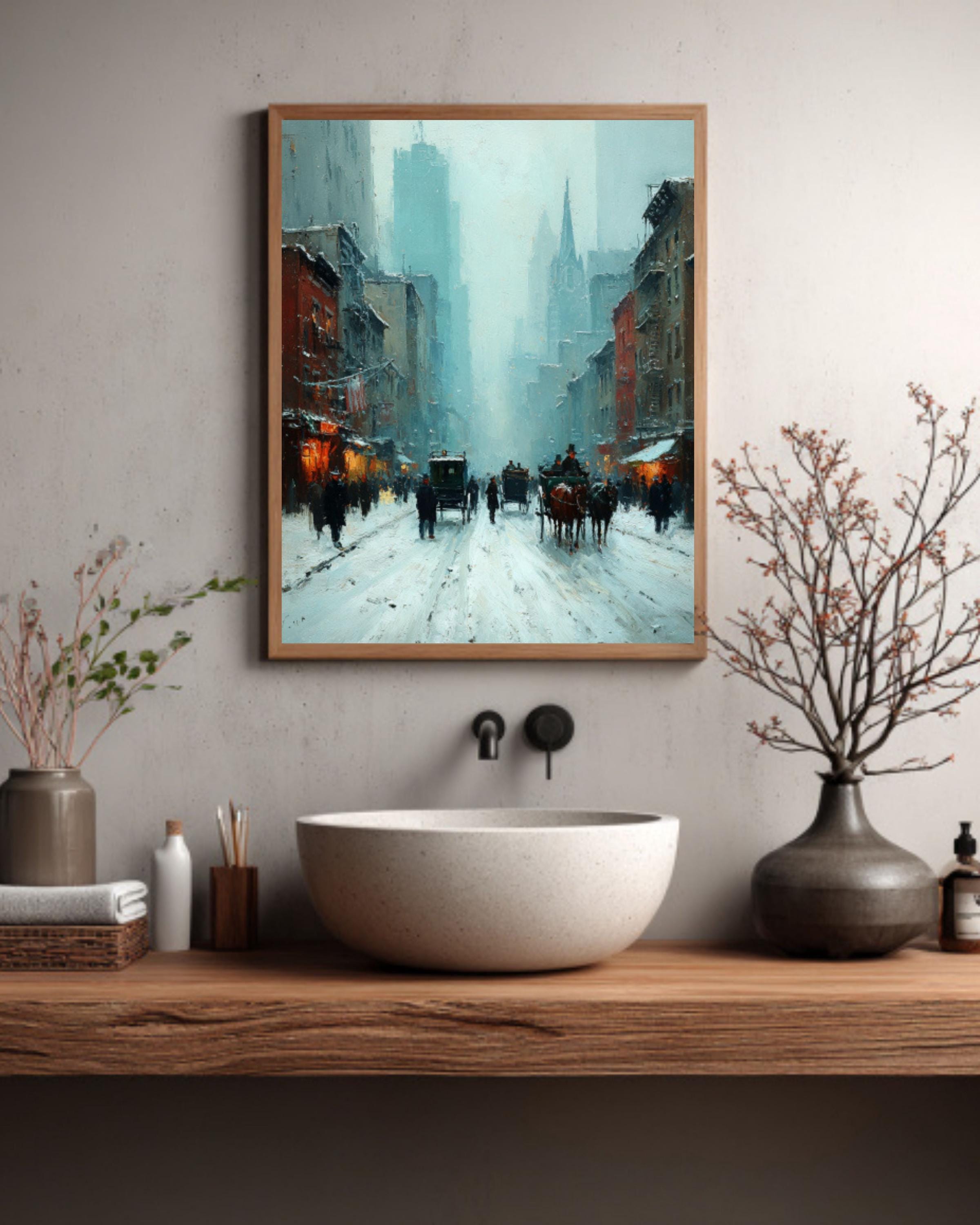 Vintage New York Winter Street Canvas Art – Horse Carriage City Scene