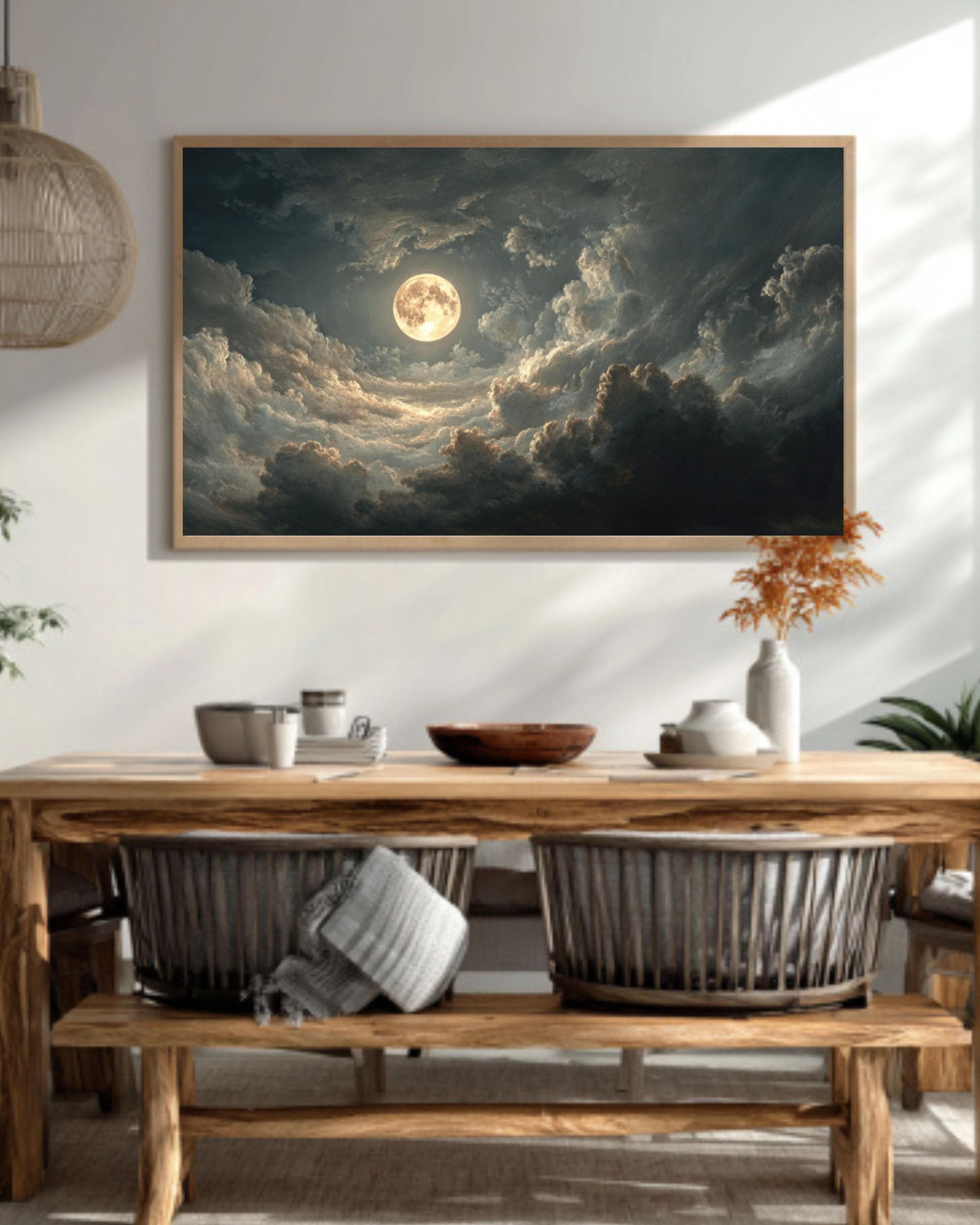 Moonlit Forest Landscape Wall Art – Moody Night Woodland Canvas Print