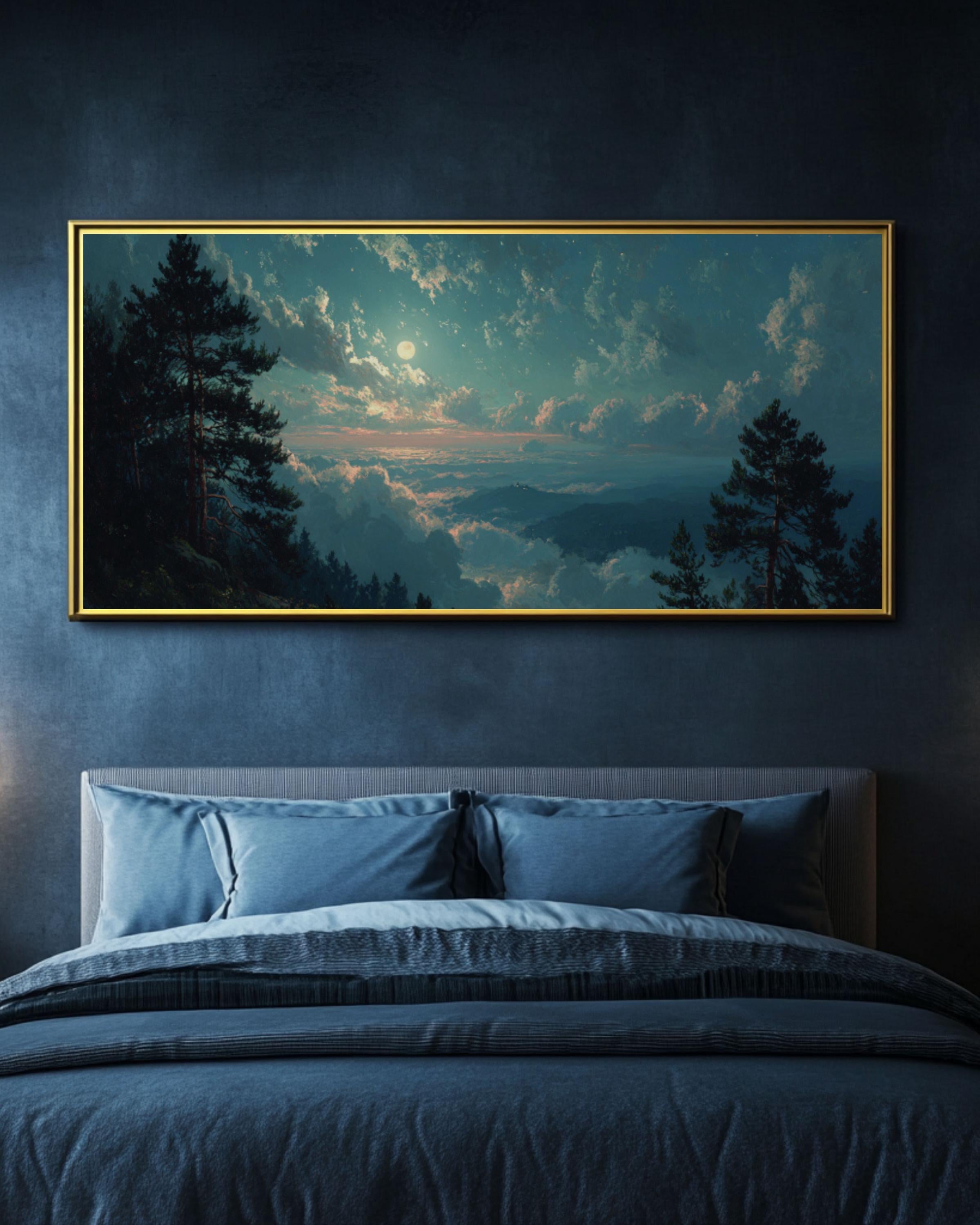 Moonlit Forest Landscape Wall Art – Moody Night Woodland Canvas Print