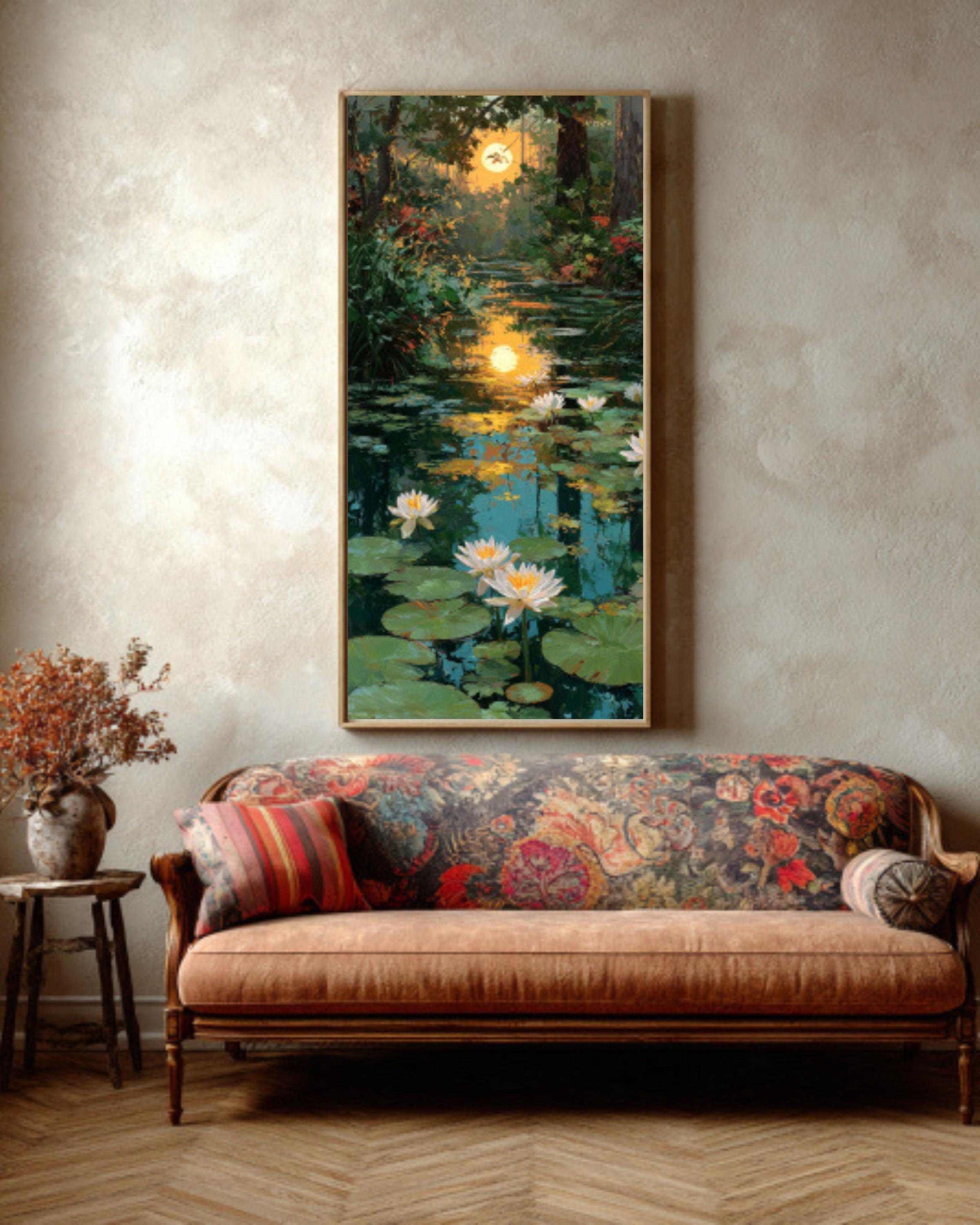 Lily Lake Sunset Wall Art – Golden Sun Landscape Canvas Print (Paul Kenton Style)