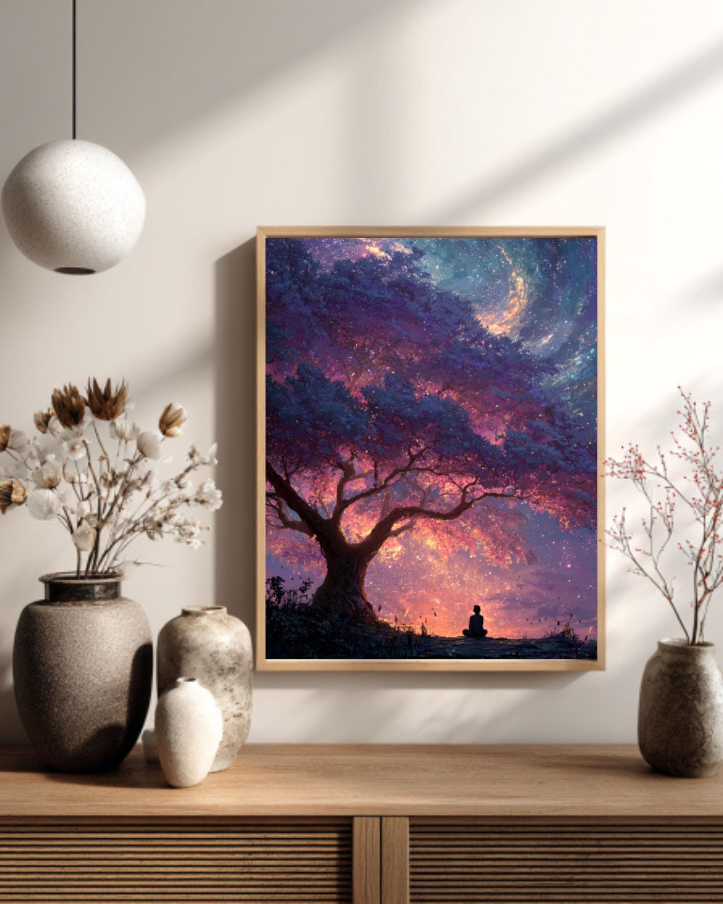 Cosmic Tree Galaxy Wall Art – Surreal Meditation Canvas Print, Framed or Unframed