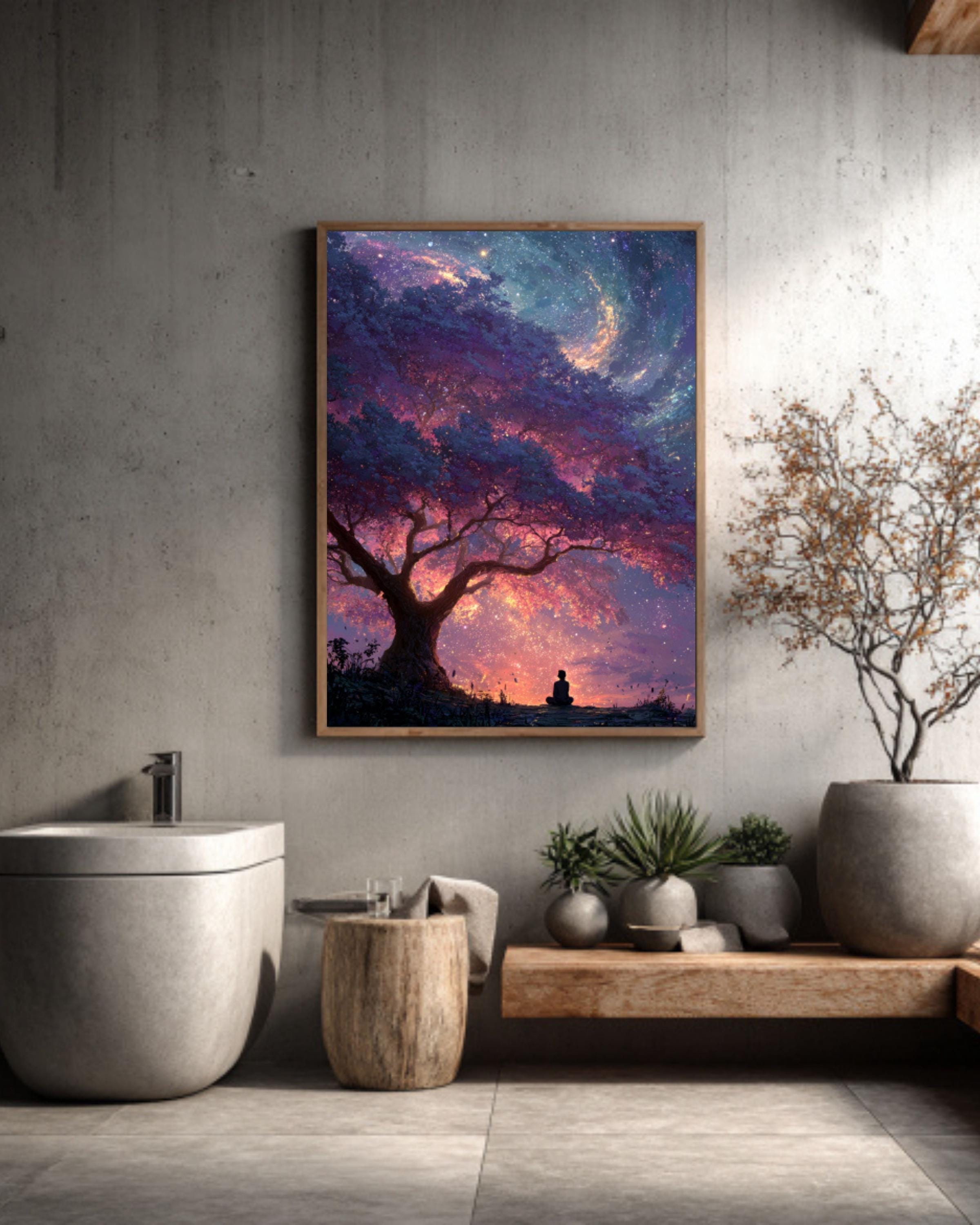 Cosmic Tree Galaxy Wall Art – Surreal Meditation Canvas Print, Framed or Unframed