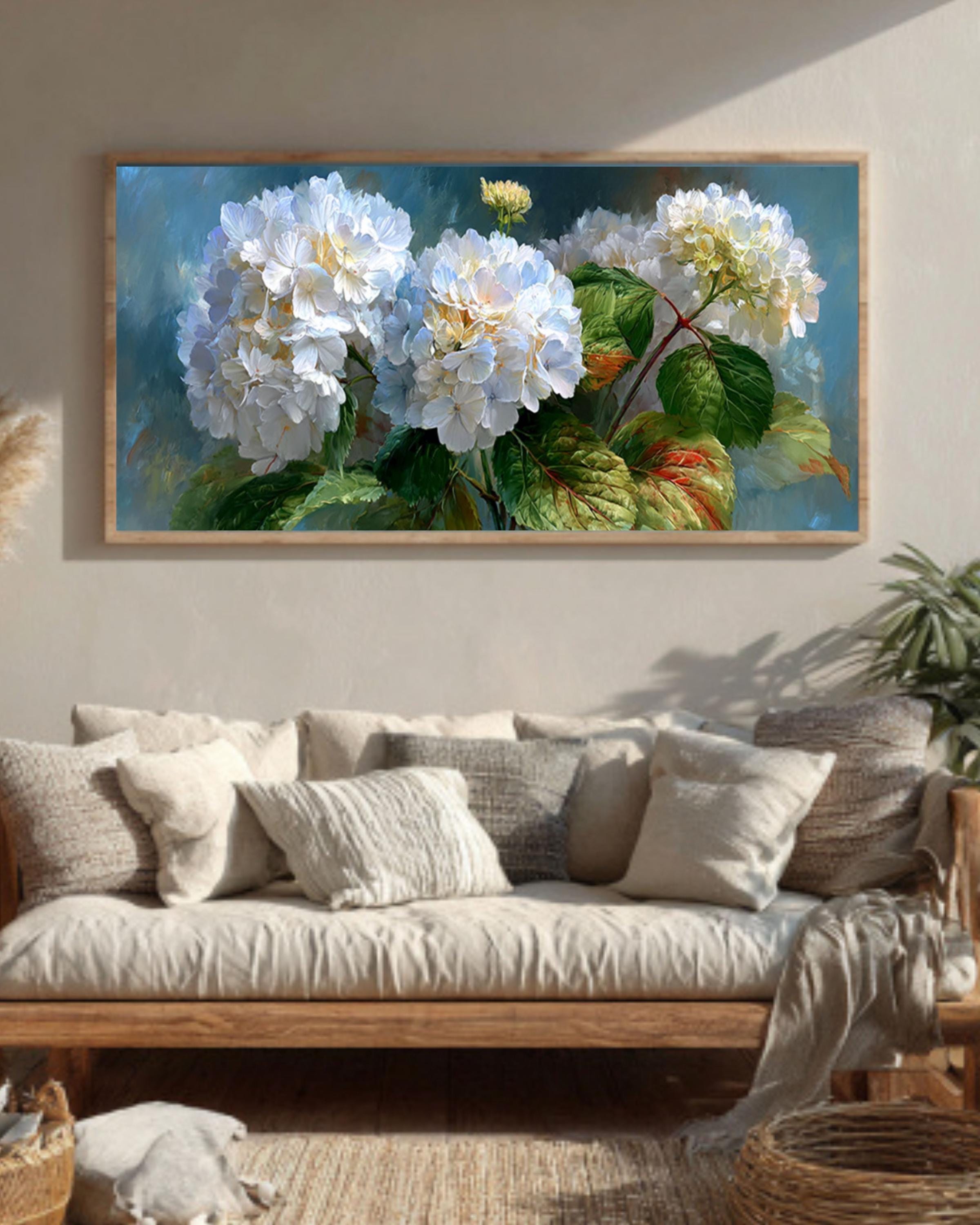 White Hydrangea Floral Wall Art – Vintage Botanical Oil Painting Canvas Print