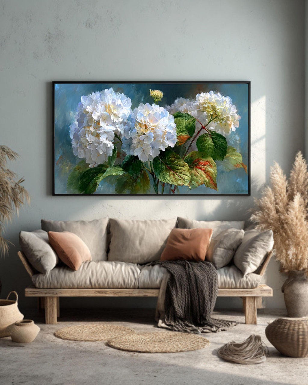 White Hydrangea Floral Wall Art – Vintage Botanical Oil Painting Canvas Print