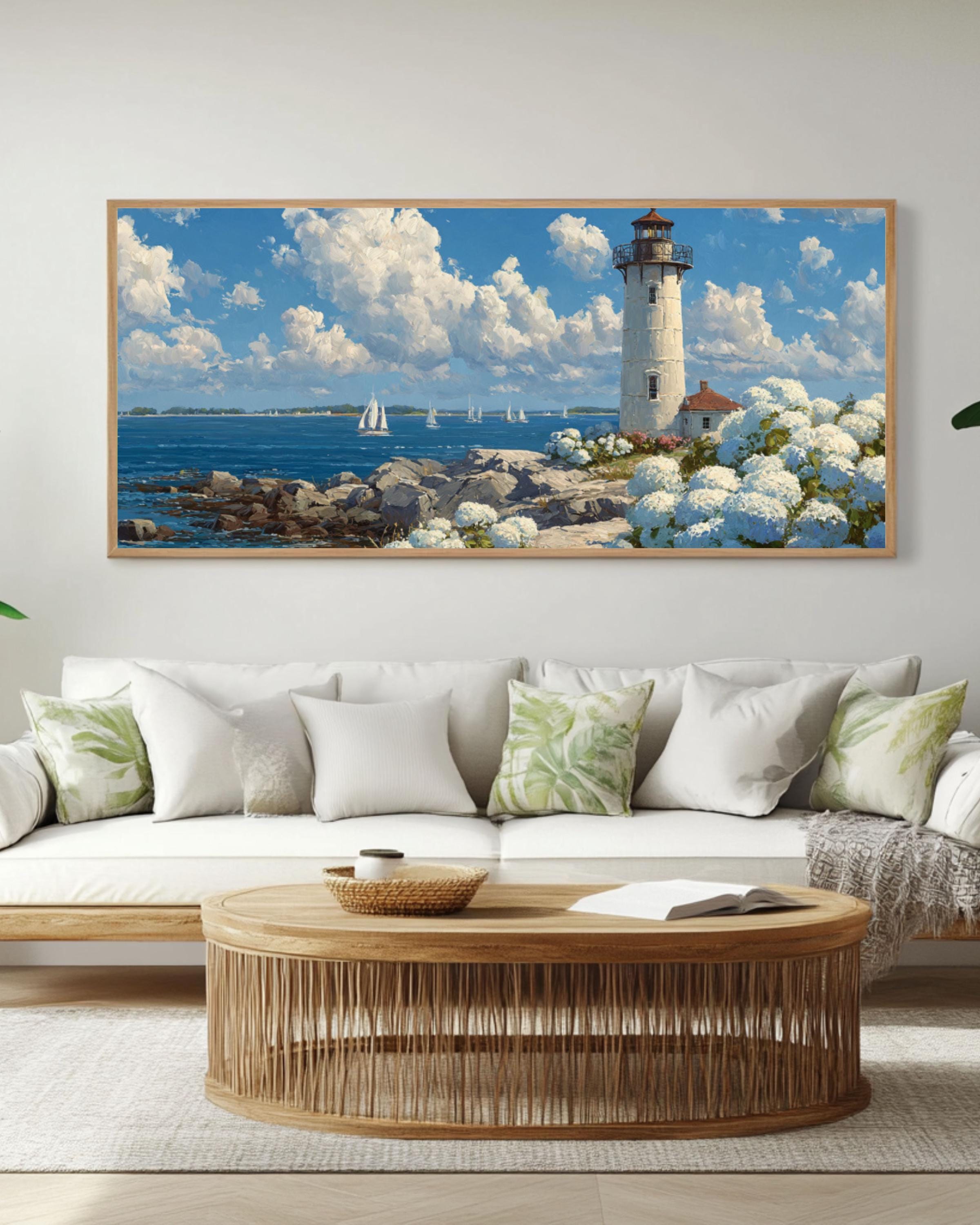 Coastal Lighthouse & Hydrangeas Wall Art – Cottage Style Ocean Canvas Print