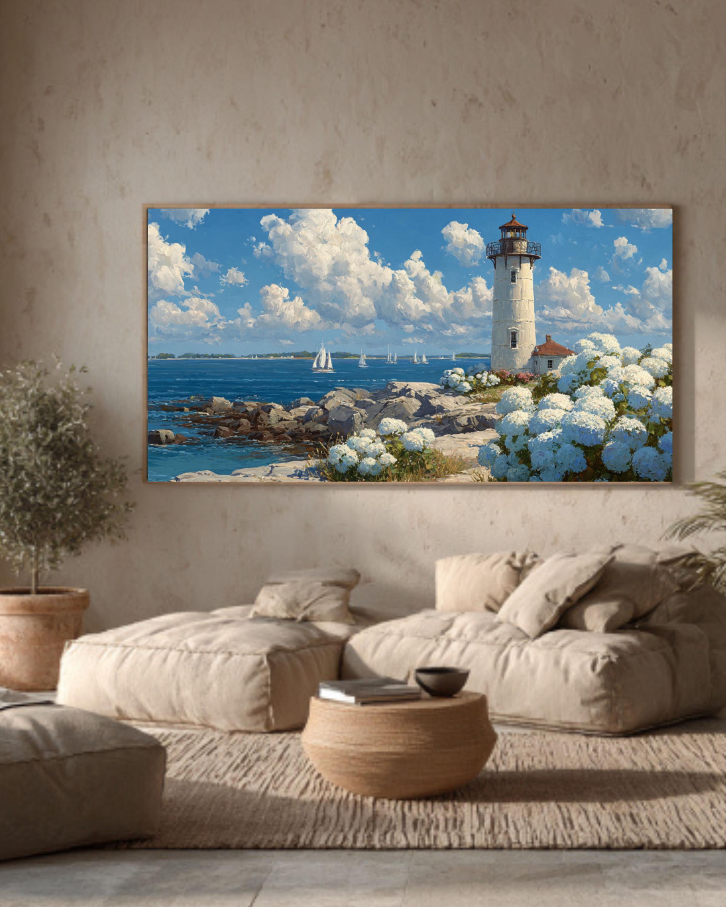 Coastal Lighthouse & Hydrangeas Wall Art – Cottage Style Ocean Canvas Print