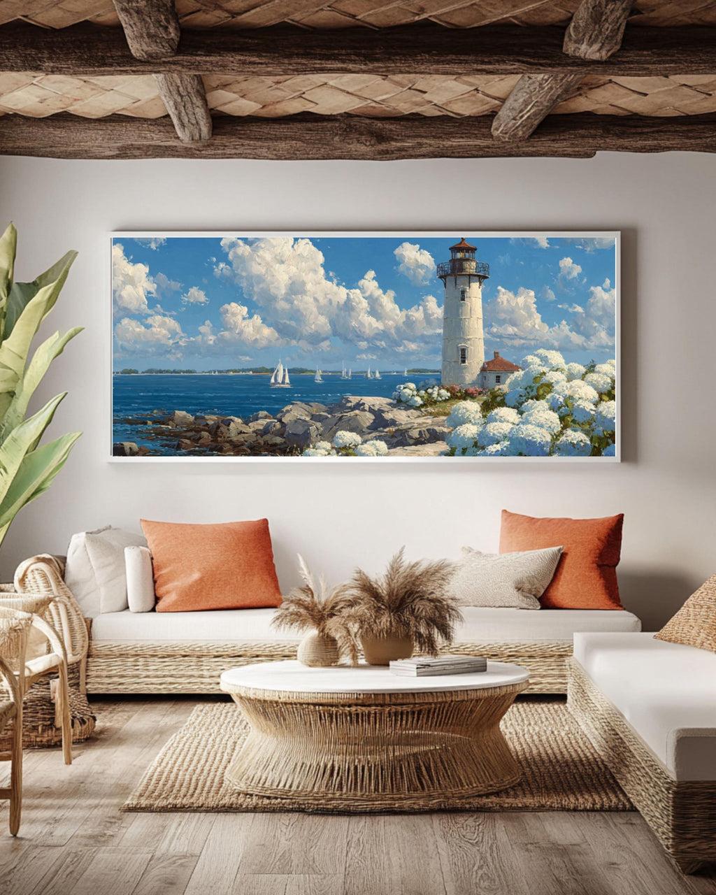 Coastal Lighthouse & Hydrangeas Wall Art – Cottage Style Ocean Canvas Print