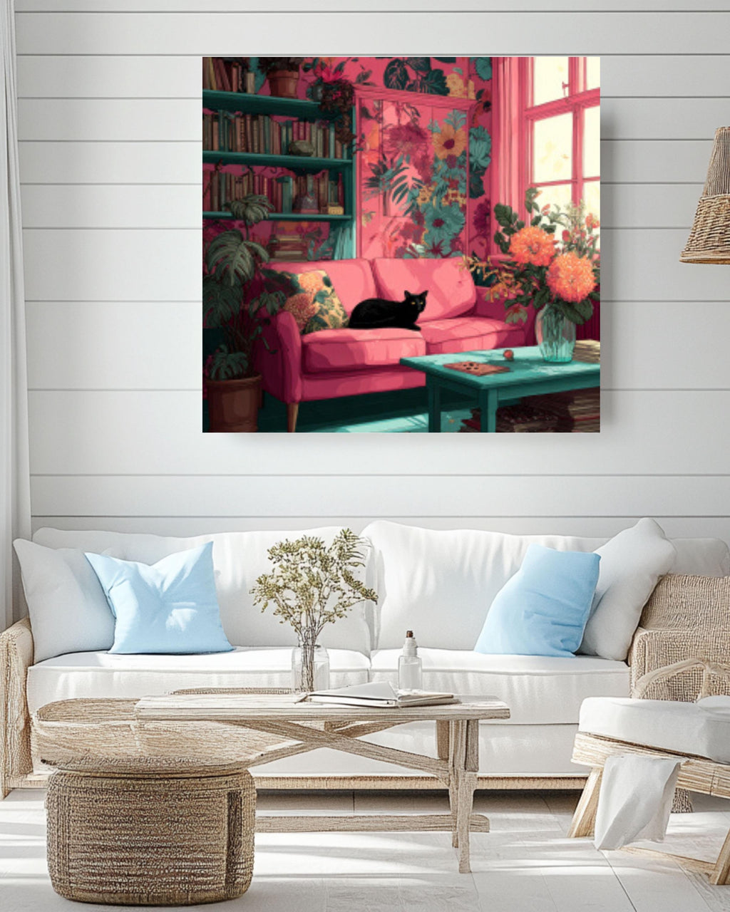 Boho Pink Living Room Wall Art – Floral Interior with Black Cat Canvas Print