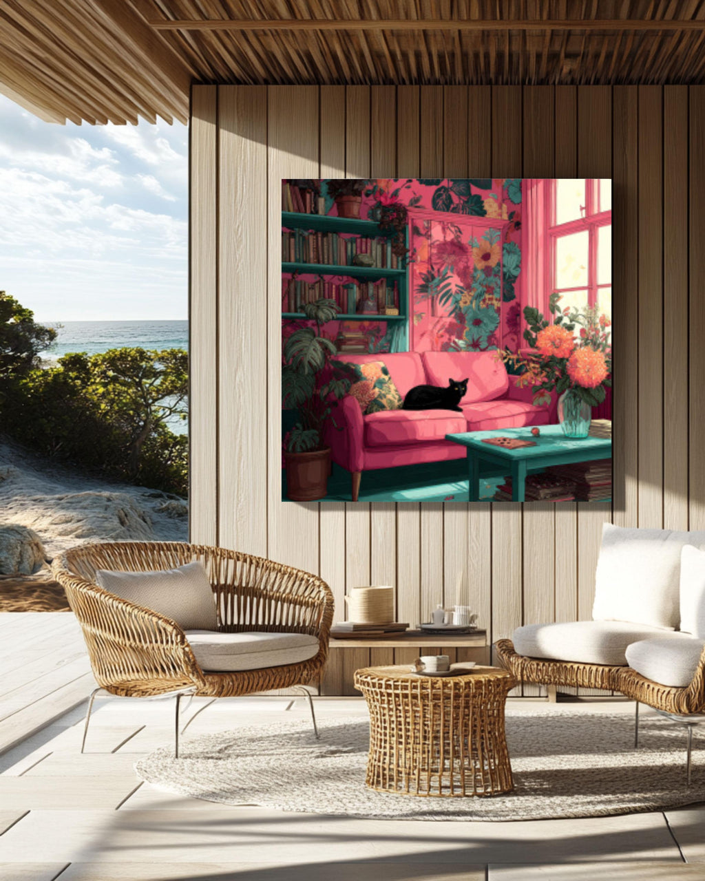 Boho Pink Living Room Wall Art – Floral Interior with Black Cat Canvas Print