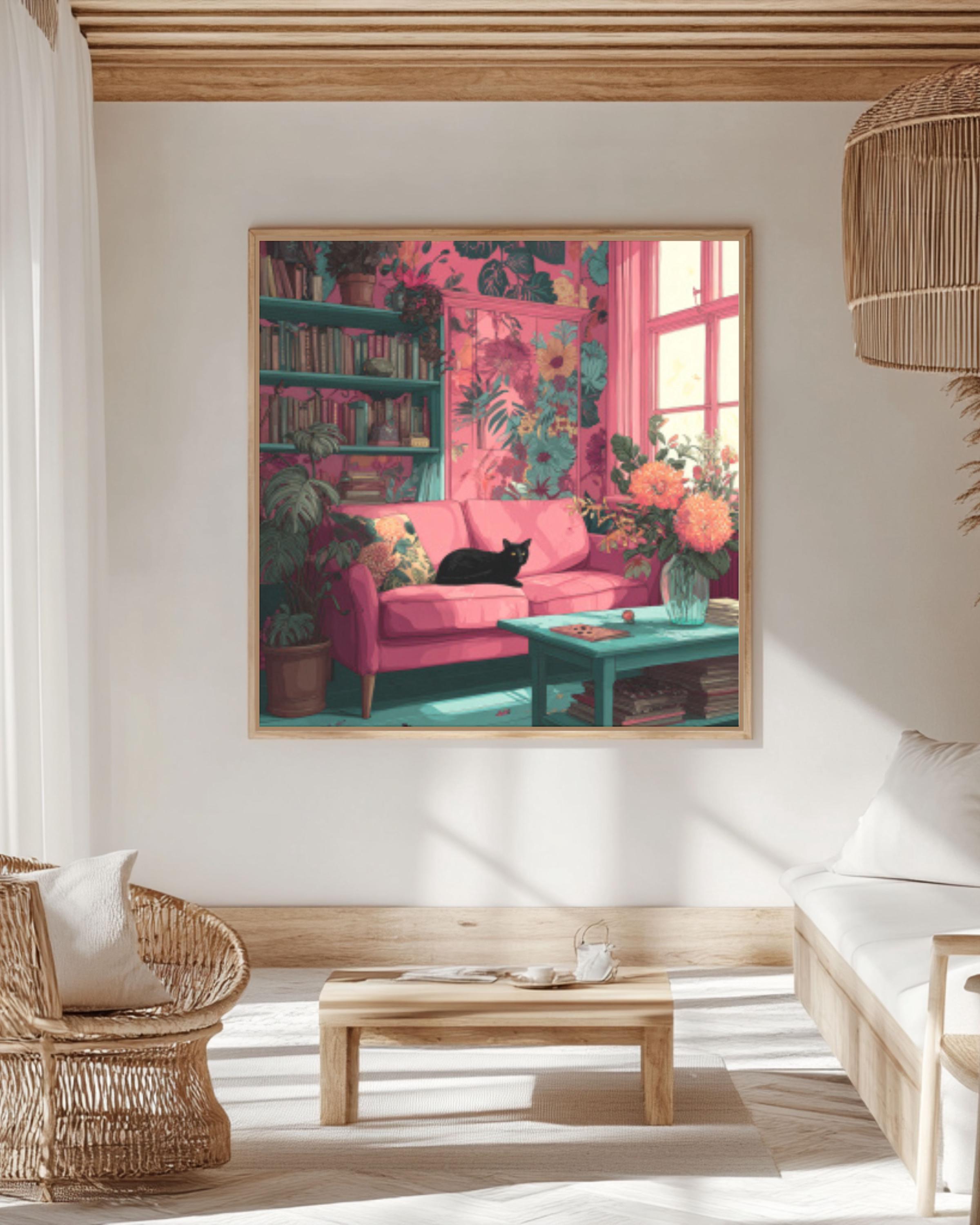 Boho Pink Living Room Wall Art – Floral Interior with Black Cat Canvas Print