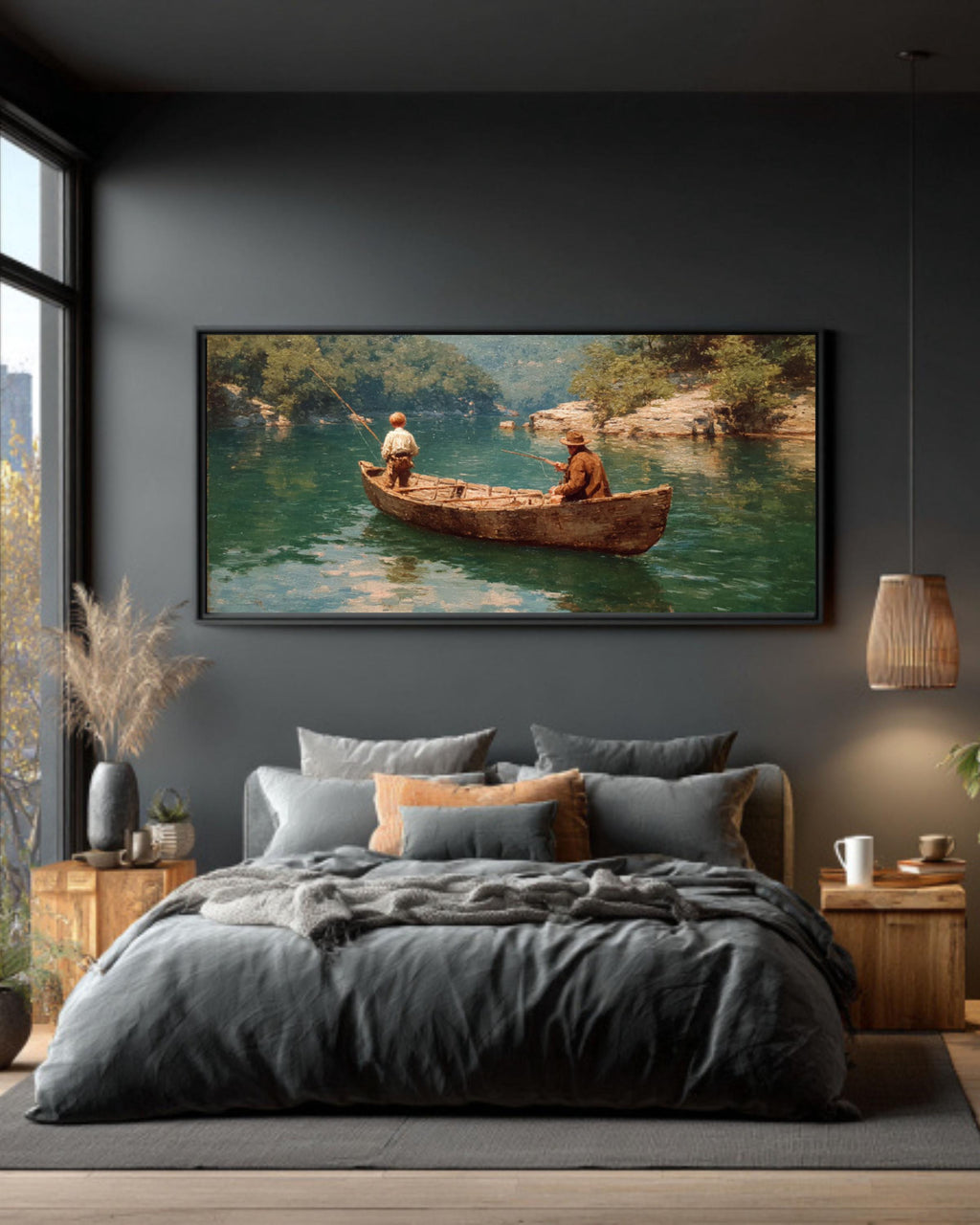 Vintage Fishing Canoe Wall Art – Lake Landscape Canvas Print
