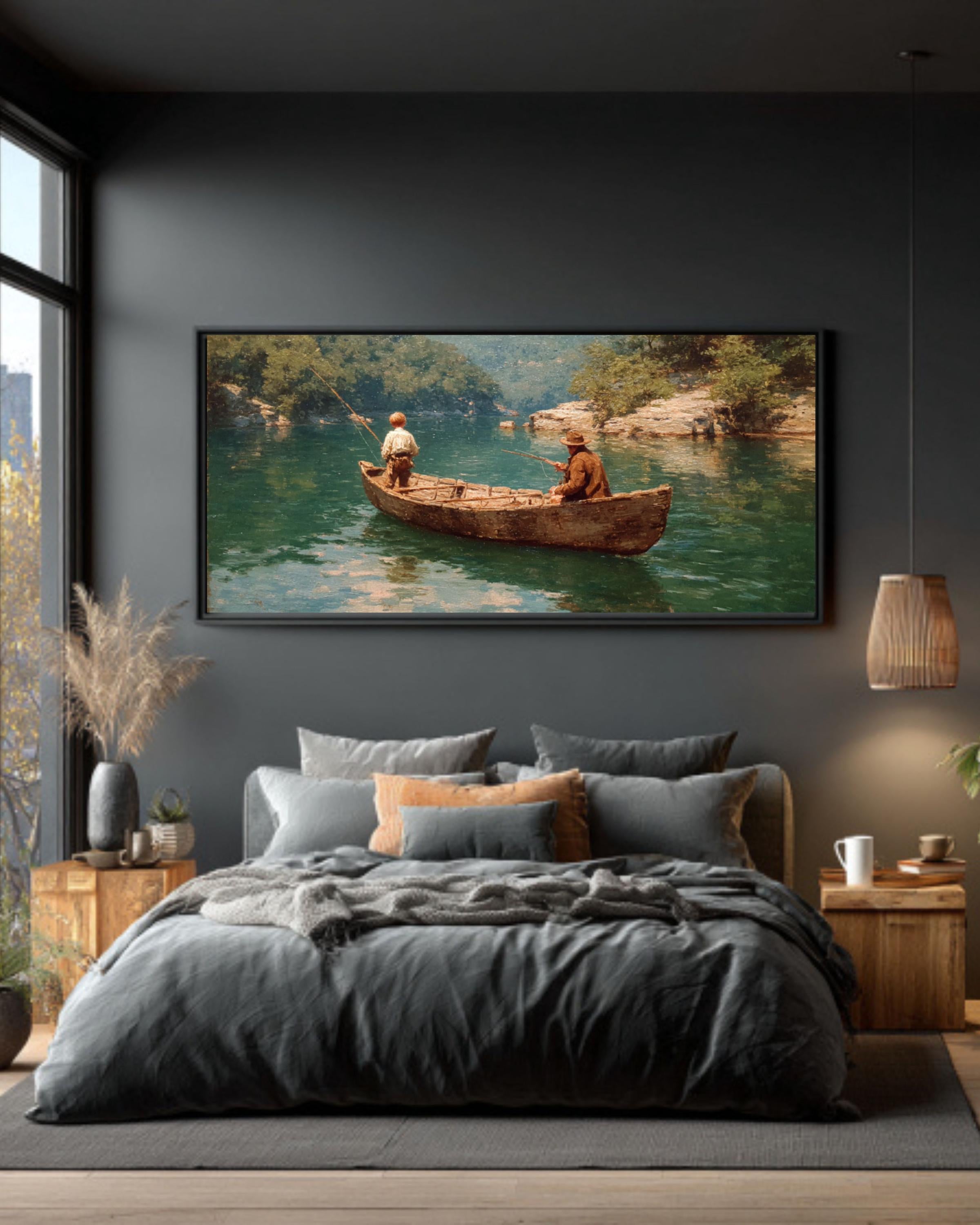 Vintage Fishing Canoe Wall Art – Lake Landscape Canvas Print