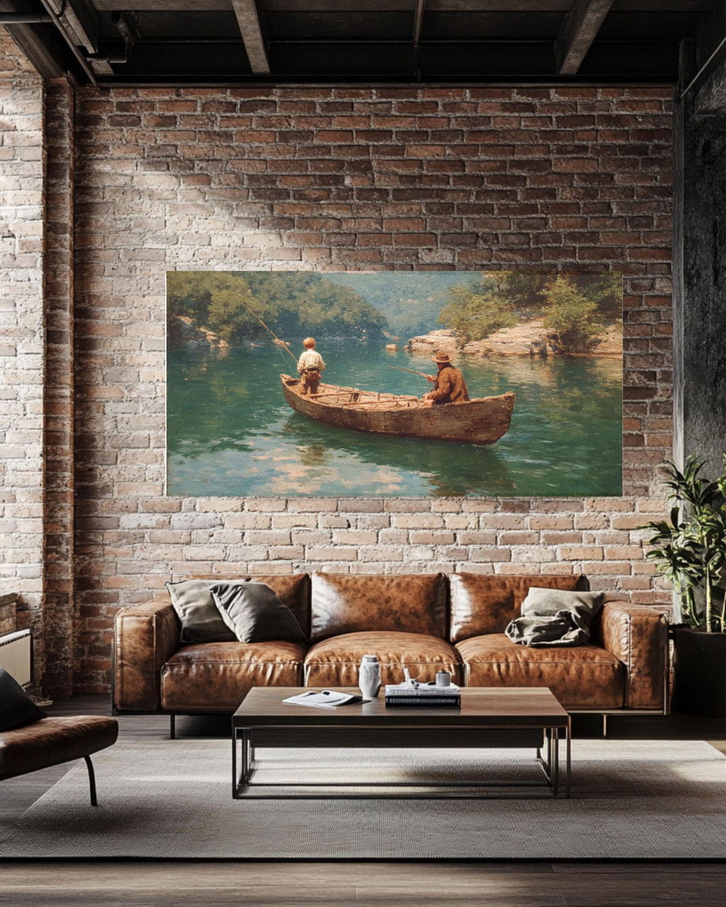 Vintage Fishing Canoe Wall Art – Lake Landscape Canvas Print