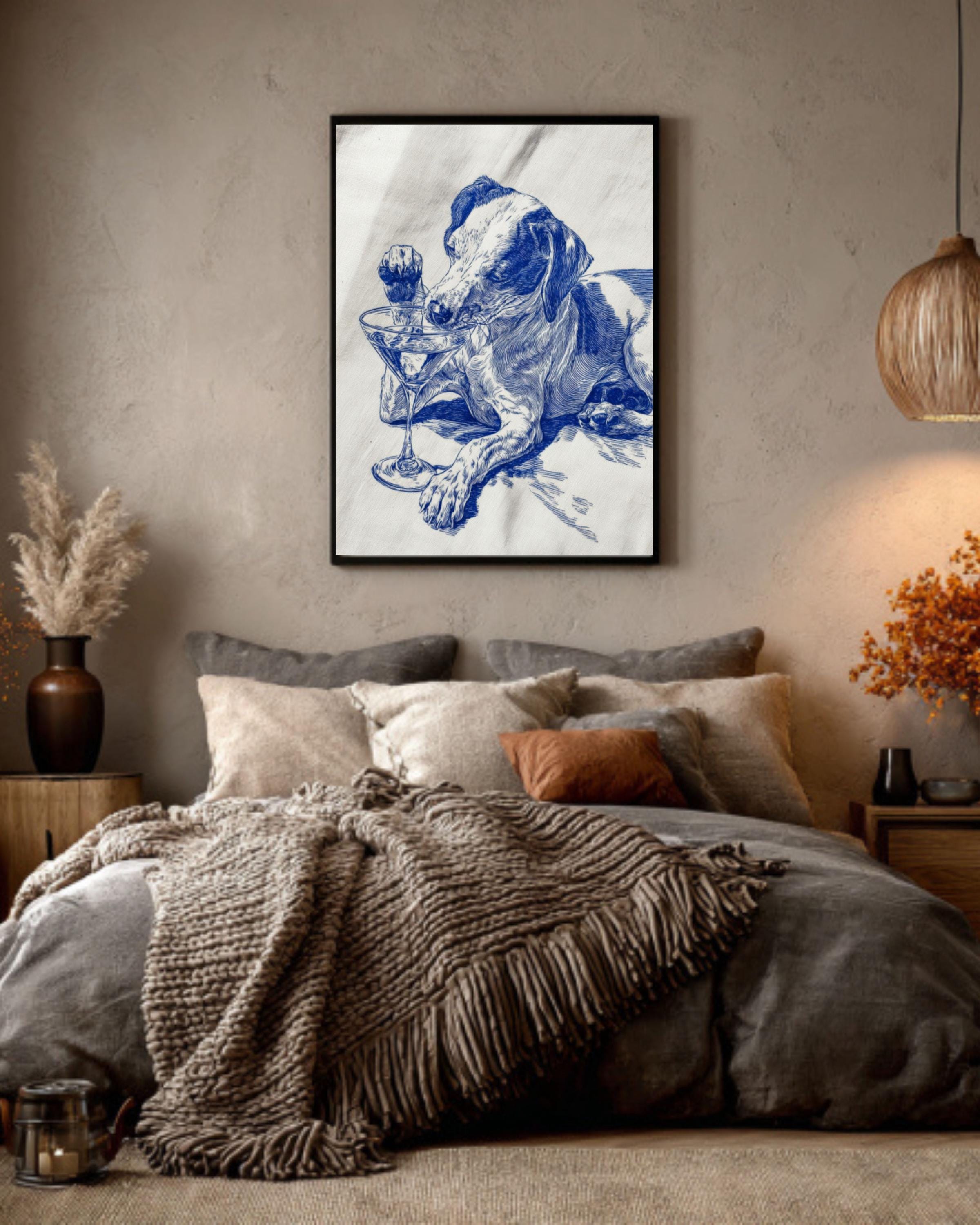 Blue Ink Dog Martini Wall Art – Funny Cocktail Lover Canvas Print