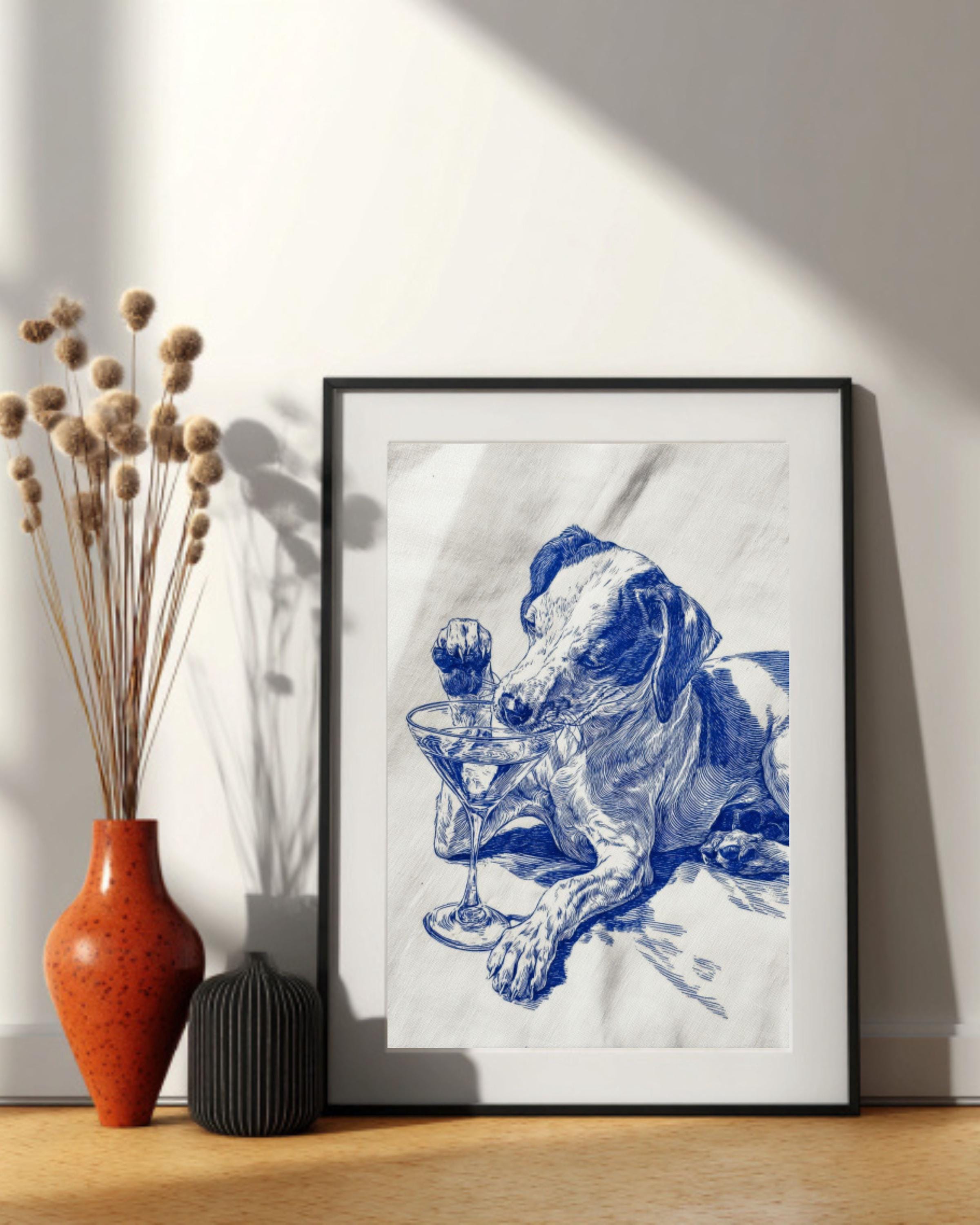 Blue Ink Dog Martini Wall Art – Funny Cocktail Lover Canvas Print