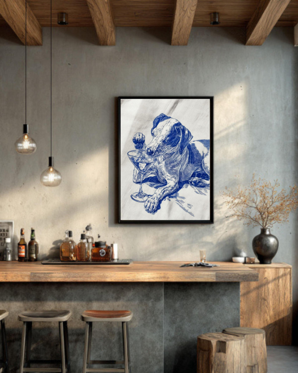 Blue Ink Dog Martini Wall Art – Funny Cocktail Lover Canvas Print