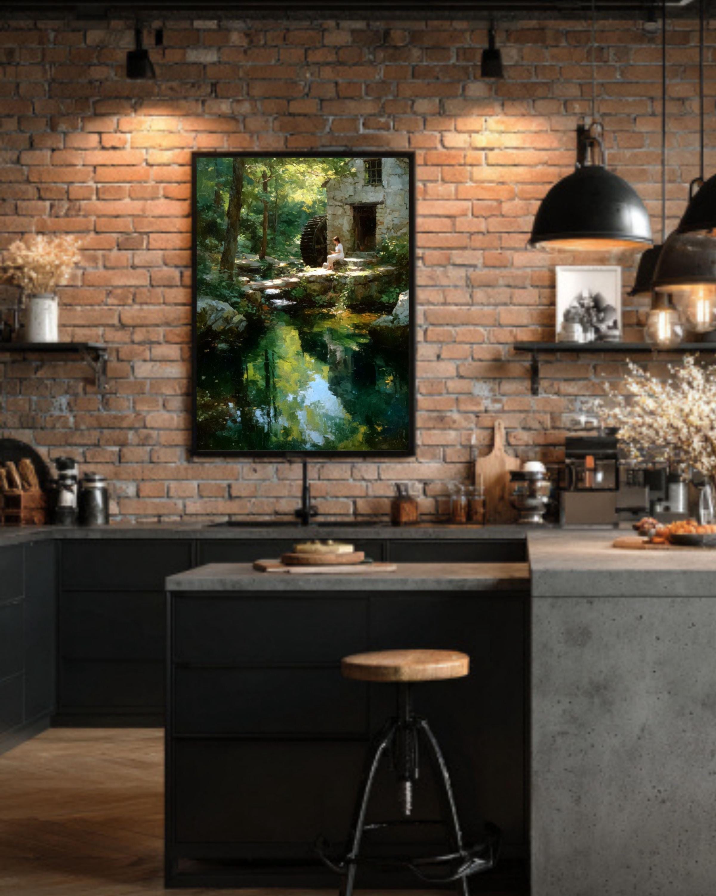 Water Mill Impressionist Landscape Wall Art – Woman by Forest Stream Canvas Print