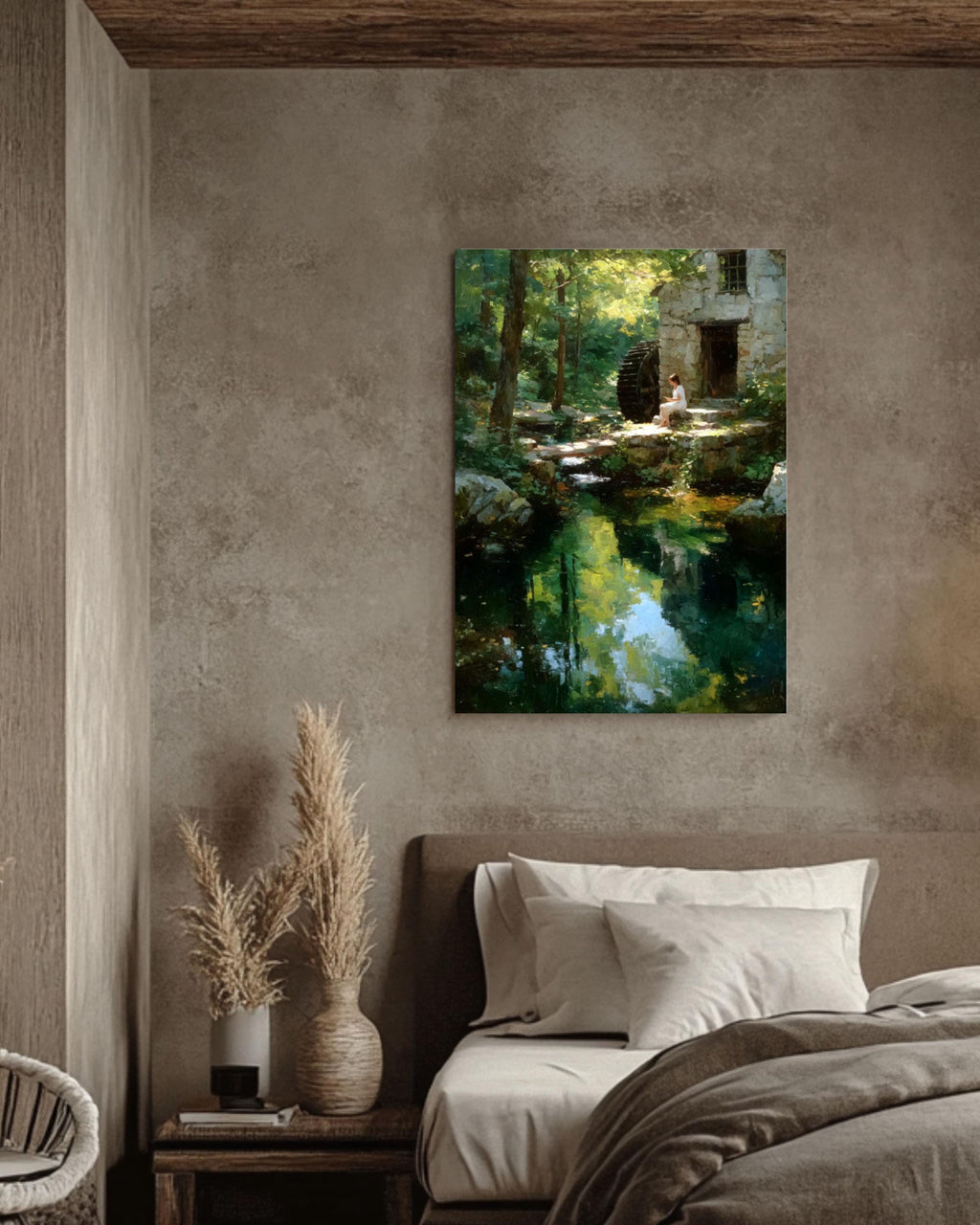 Water Mill Impressionist Landscape Wall Art – Woman by Forest Stream Canvas Print