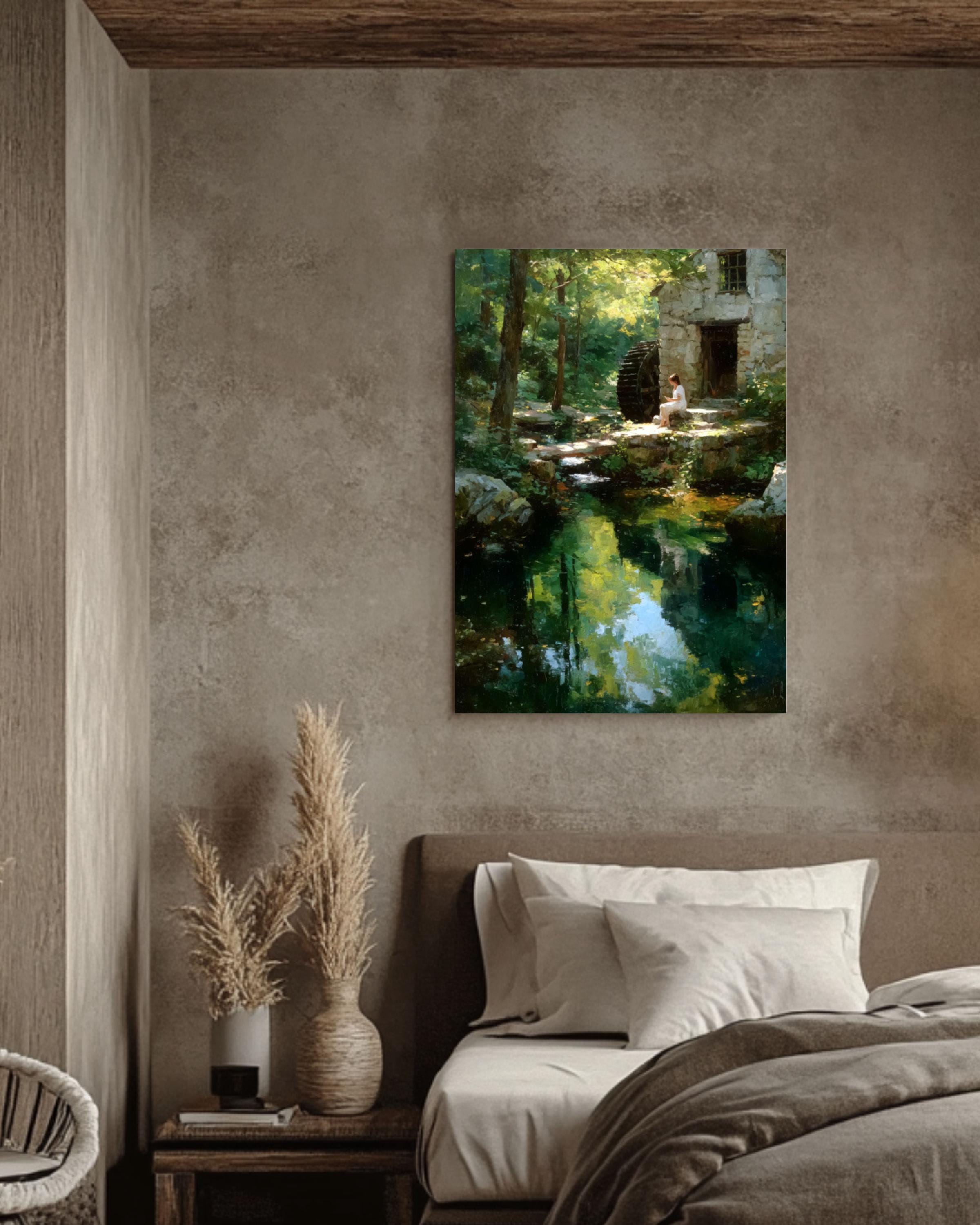 Water Mill Impressionist Landscape Wall Art – Woman by Forest Stream Canvas Print