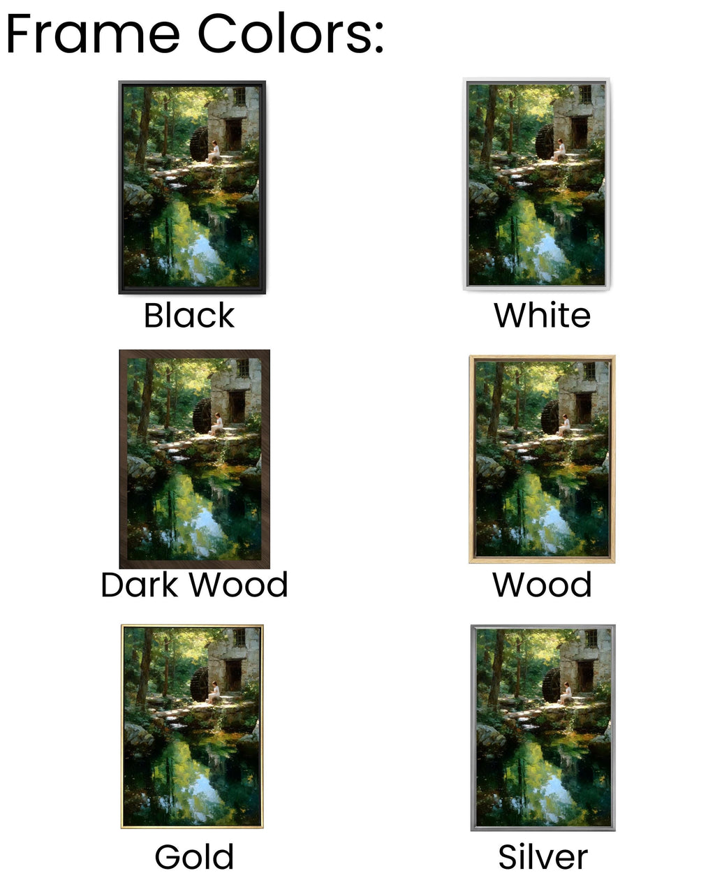 Water Mill Impressionist Landscape Wall Art – Woman by Forest Stream Canvas Print