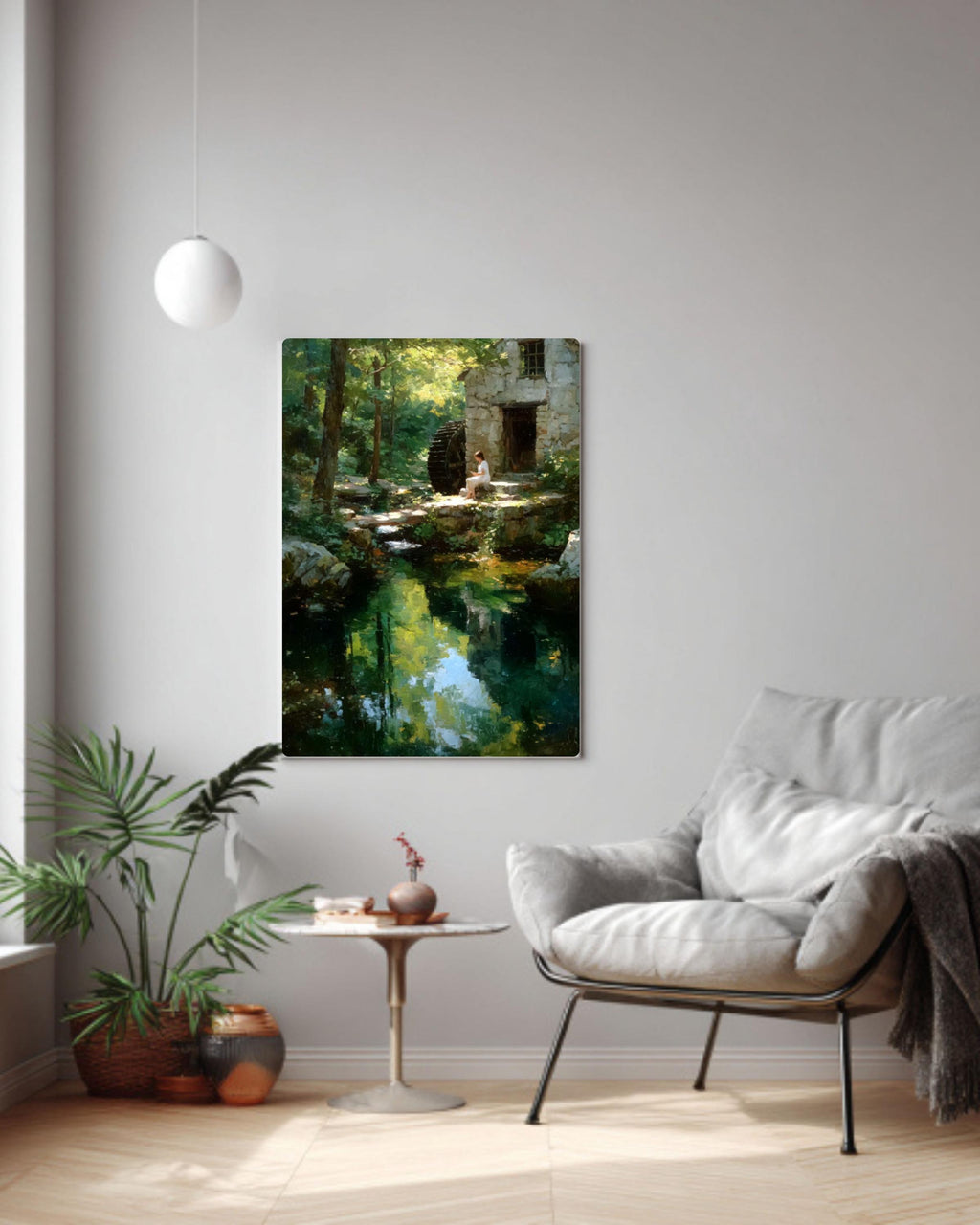 Modern living room with a painting of a forest scene on the wall.