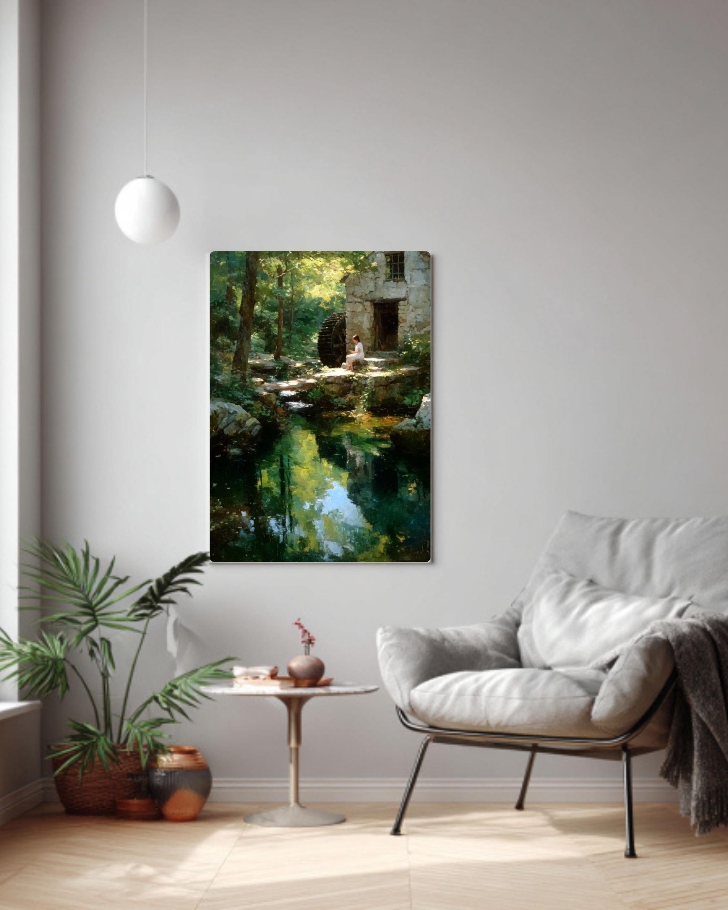 Modern living room with a painting of a forest scene on the wall.