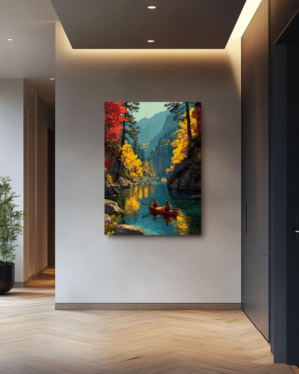 Autumn Kayaking Landscape Wall Art – Scenic Fall Forest River Canvas Print