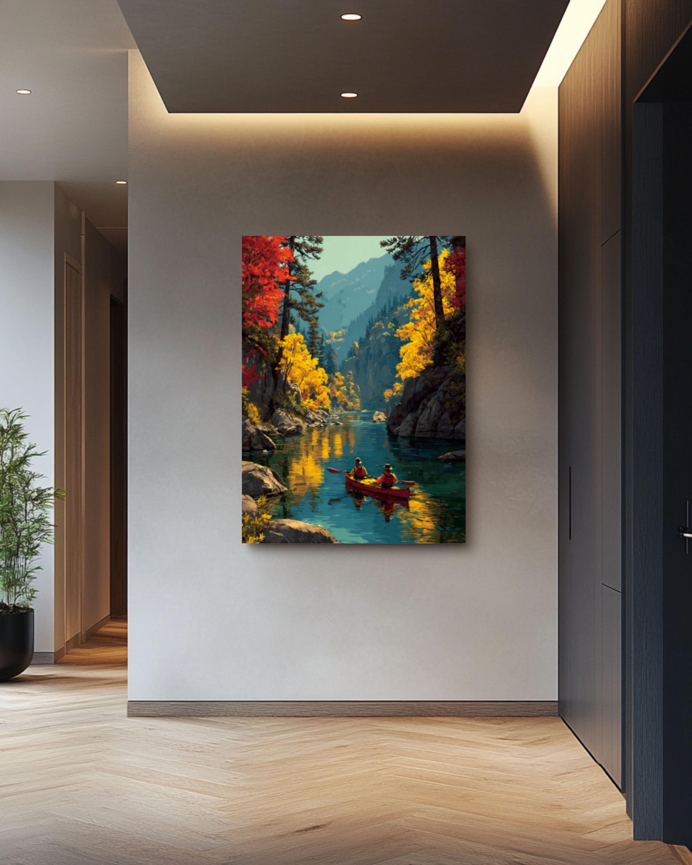 Autumn Kayaking Landscape Wall Art – Scenic Fall Forest River Canvas Print