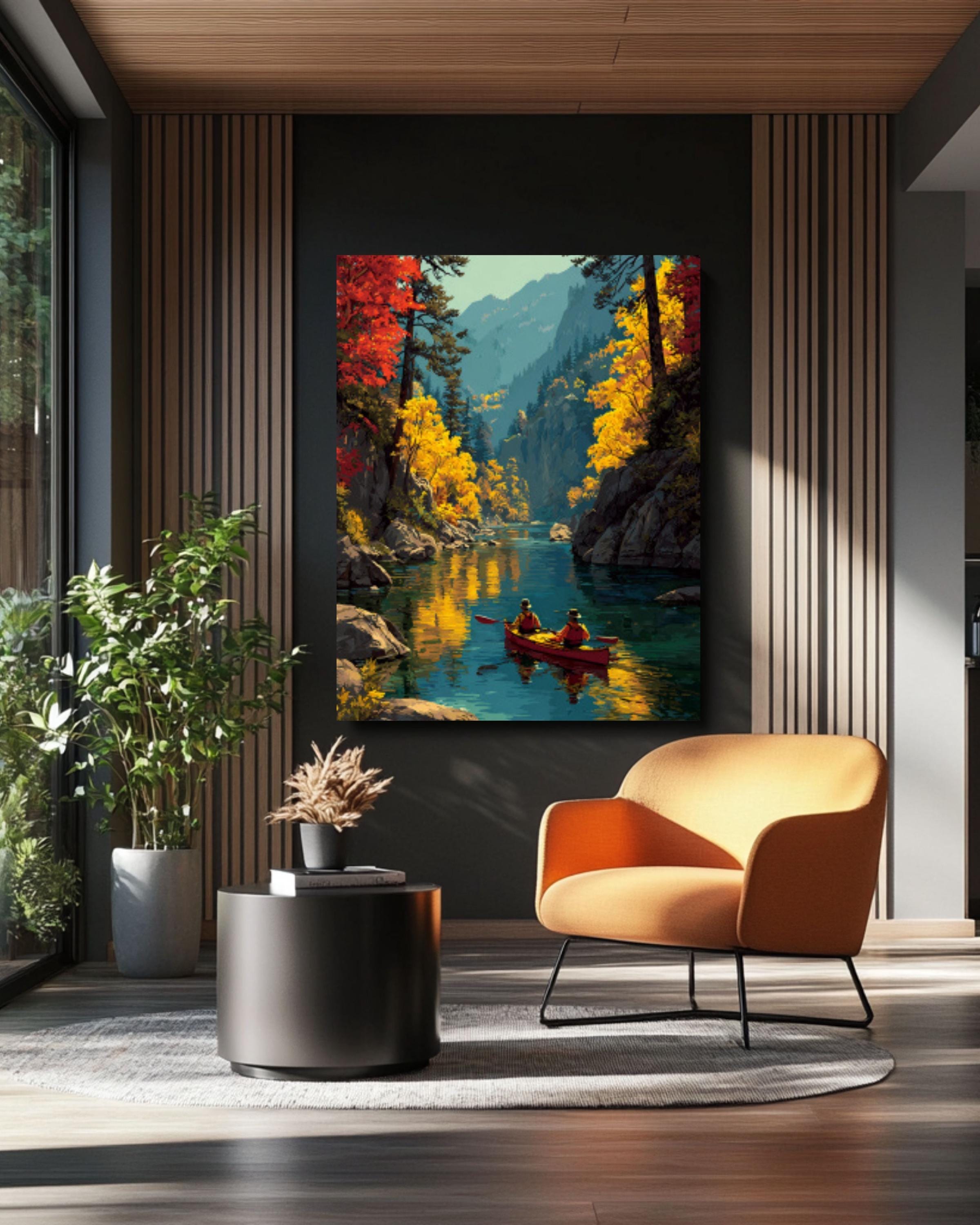 Autumn Kayaking Landscape Wall Art – Scenic Fall Forest River Canvas Print