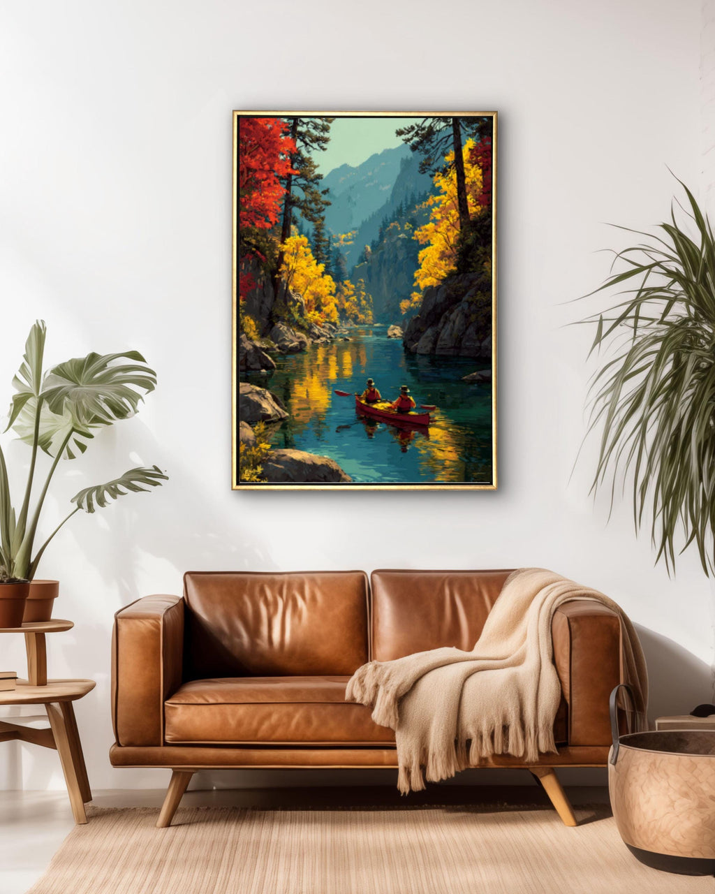 Autumn Kayaking Landscape Wall Art – Scenic Fall Forest River Canvas Print