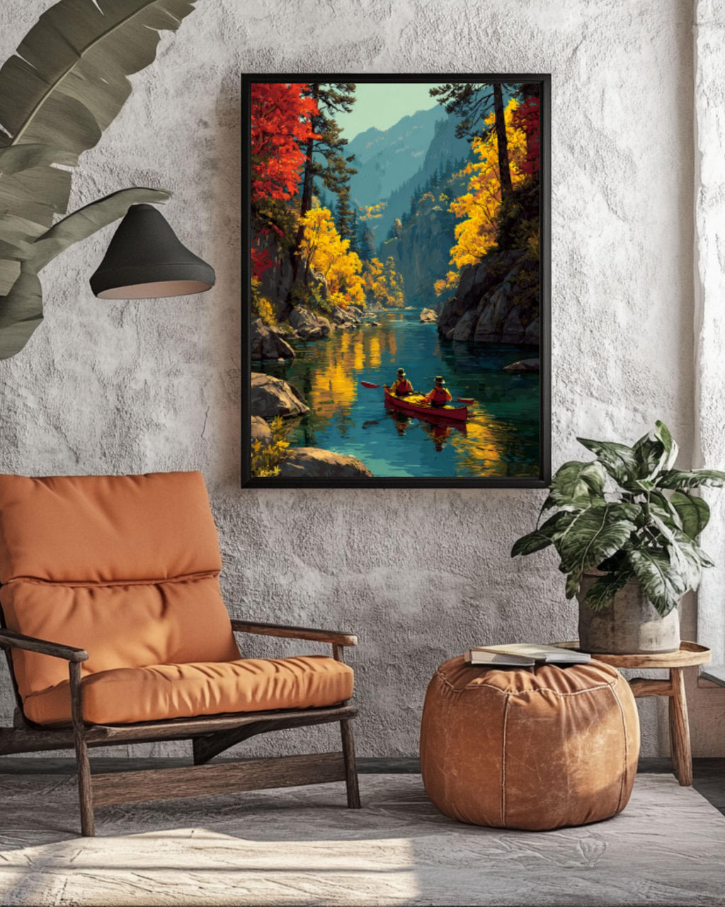 Autumn Kayaking Landscape Wall Art – Scenic Fall Forest River Canvas Print
