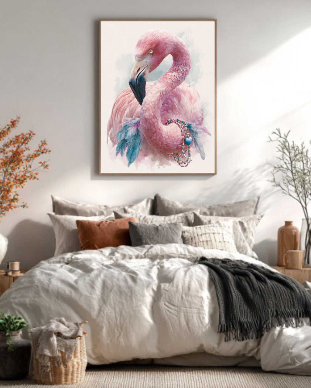 Boho Flamingo Watercolor Wall Art – Pink Bird Bohemian Canvas Print