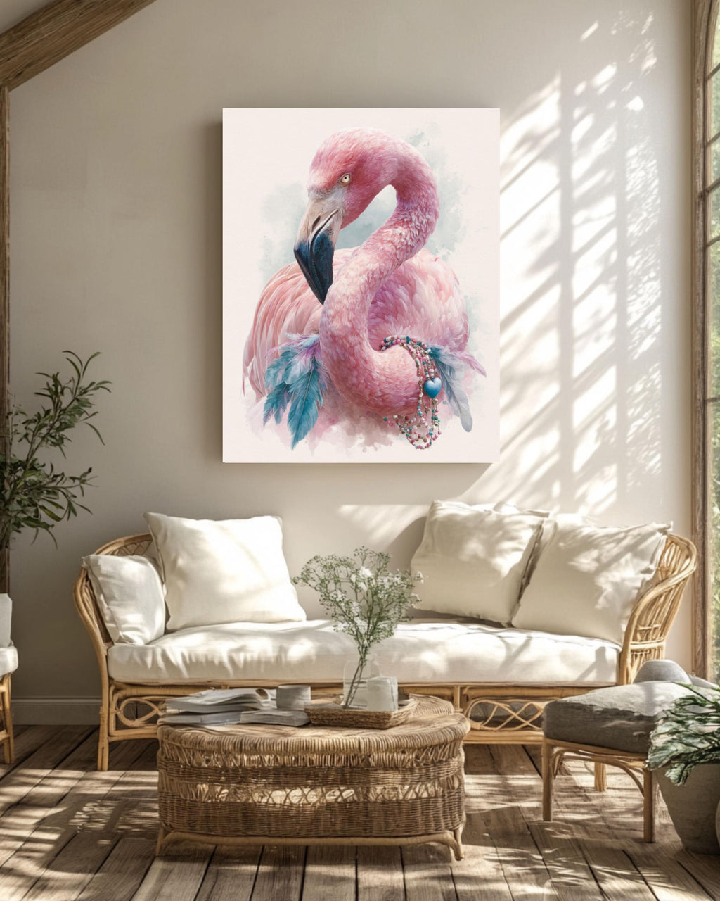Boho Flamingo Watercolor Wall Art – Pink Bird Bohemian Canvas Print