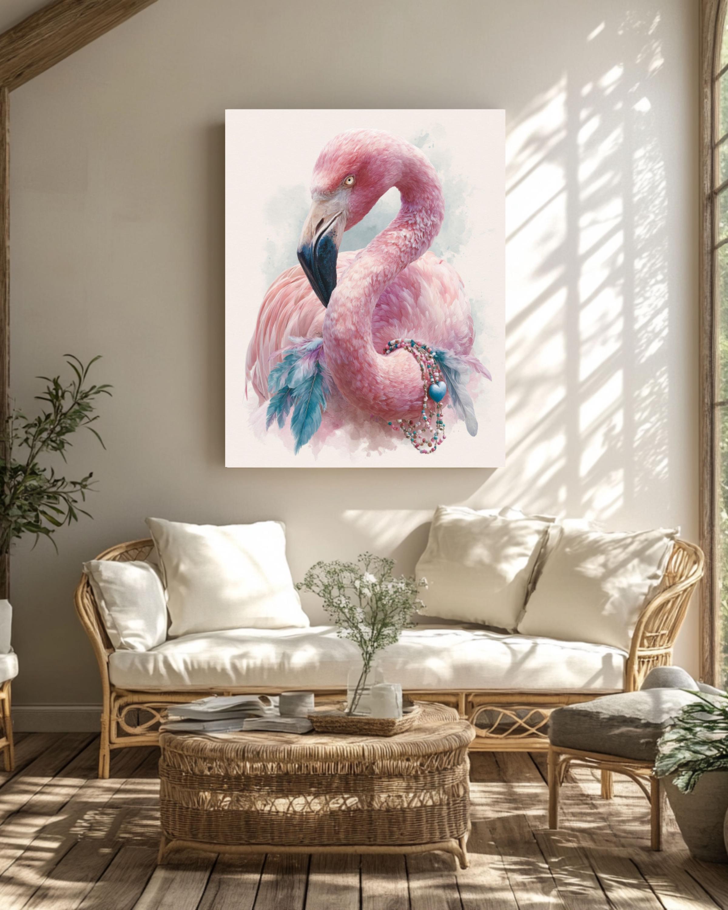 Boho Flamingo Watercolor Wall Art – Pink Bird Bohemian Canvas Print
