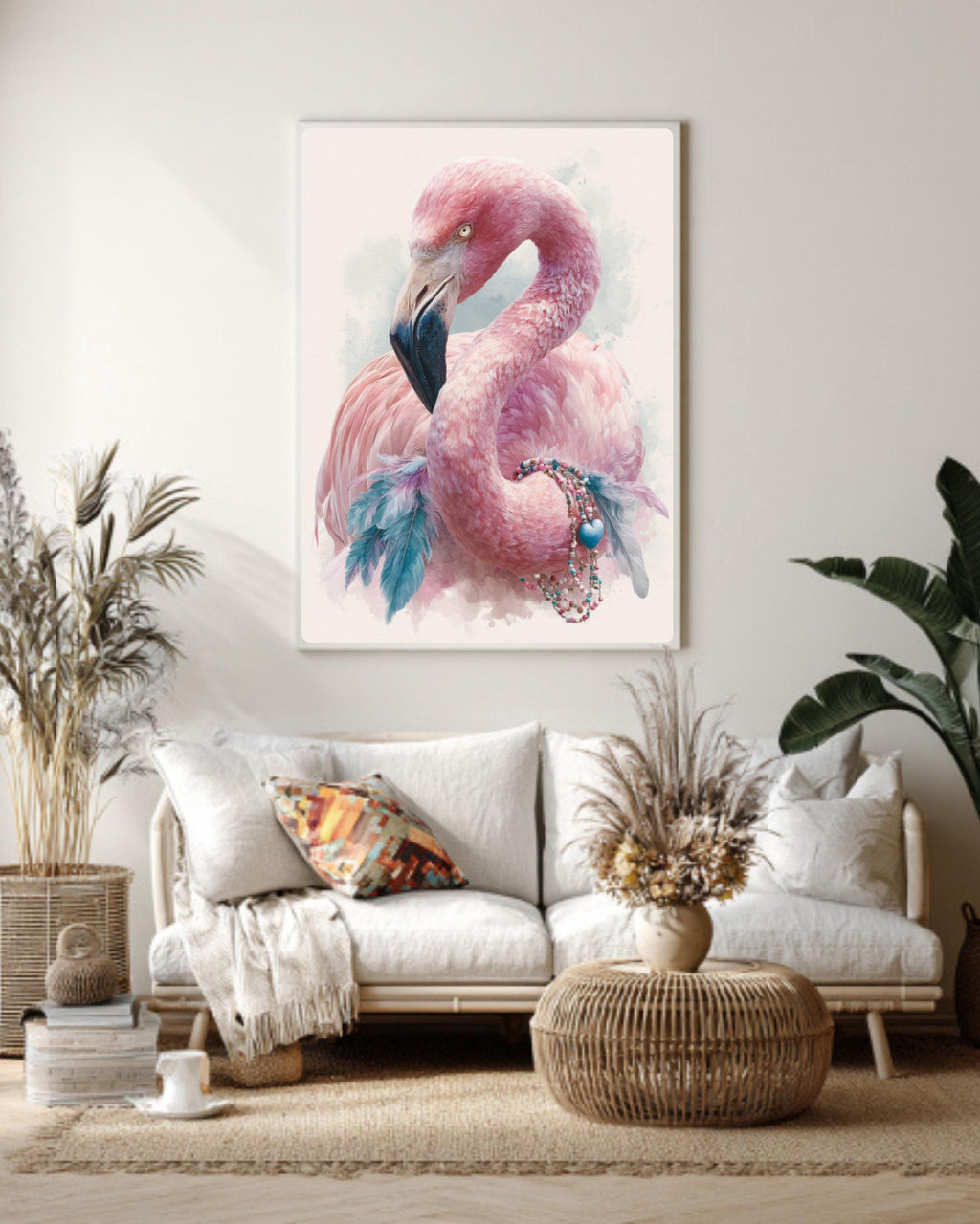 Boho Flamingo Watercolor Wall Art – Pink Bird Bohemian Canvas Print