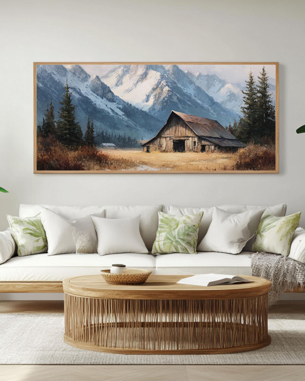Rustic Barn & Snowy Mountain Wall Art – Farmhouse Winter Landscape Canvas Print