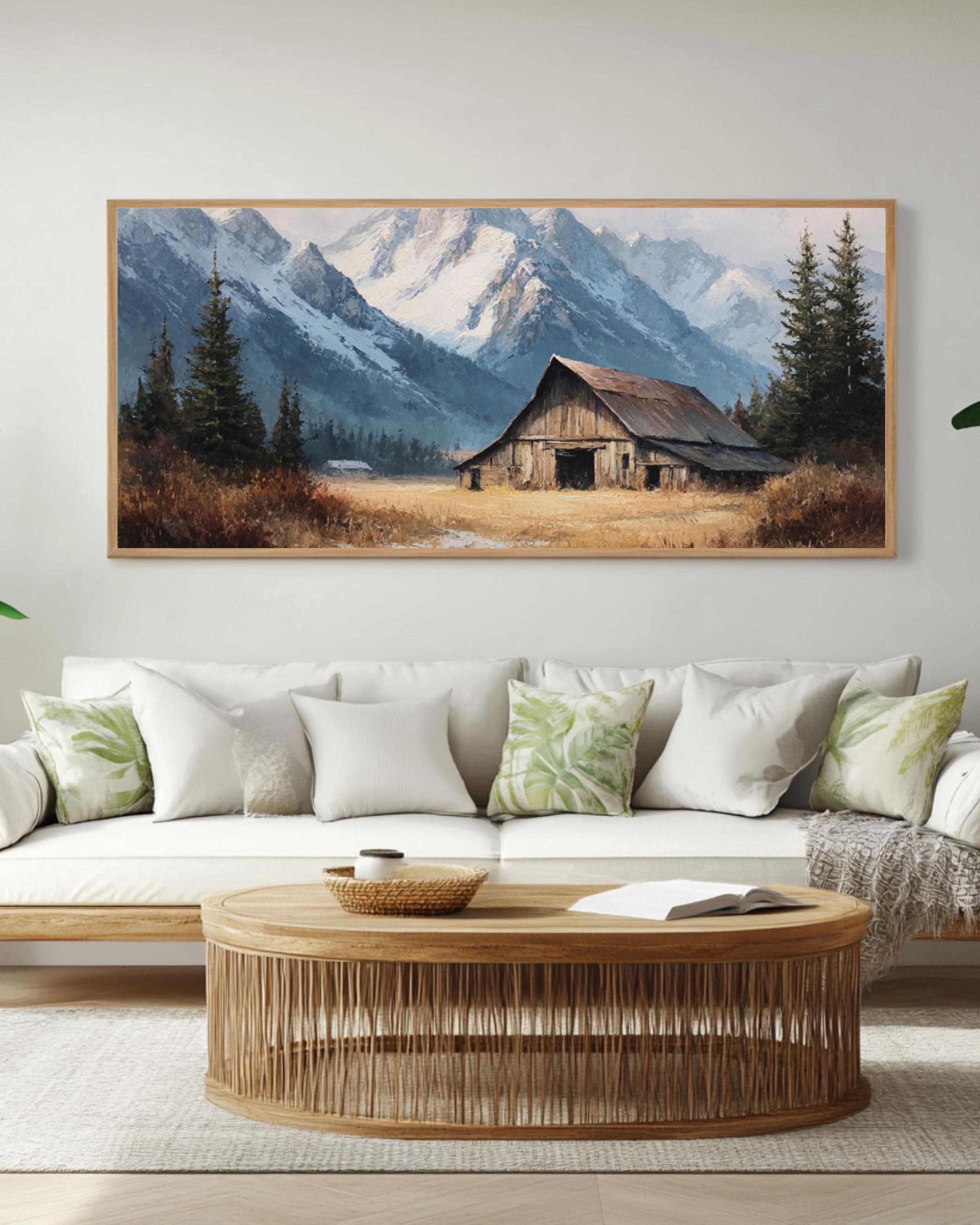 Rustic Barn & Snowy Mountain Wall Art – Farmhouse Winter Landscape Canvas Print