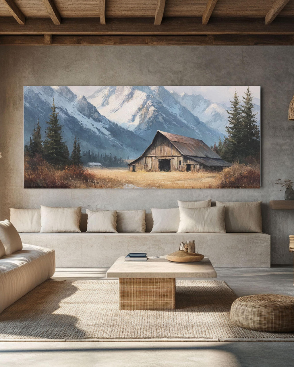 Rustic Barn & Snowy Mountain Wall Art – Farmhouse Winter Landscape Canvas Print