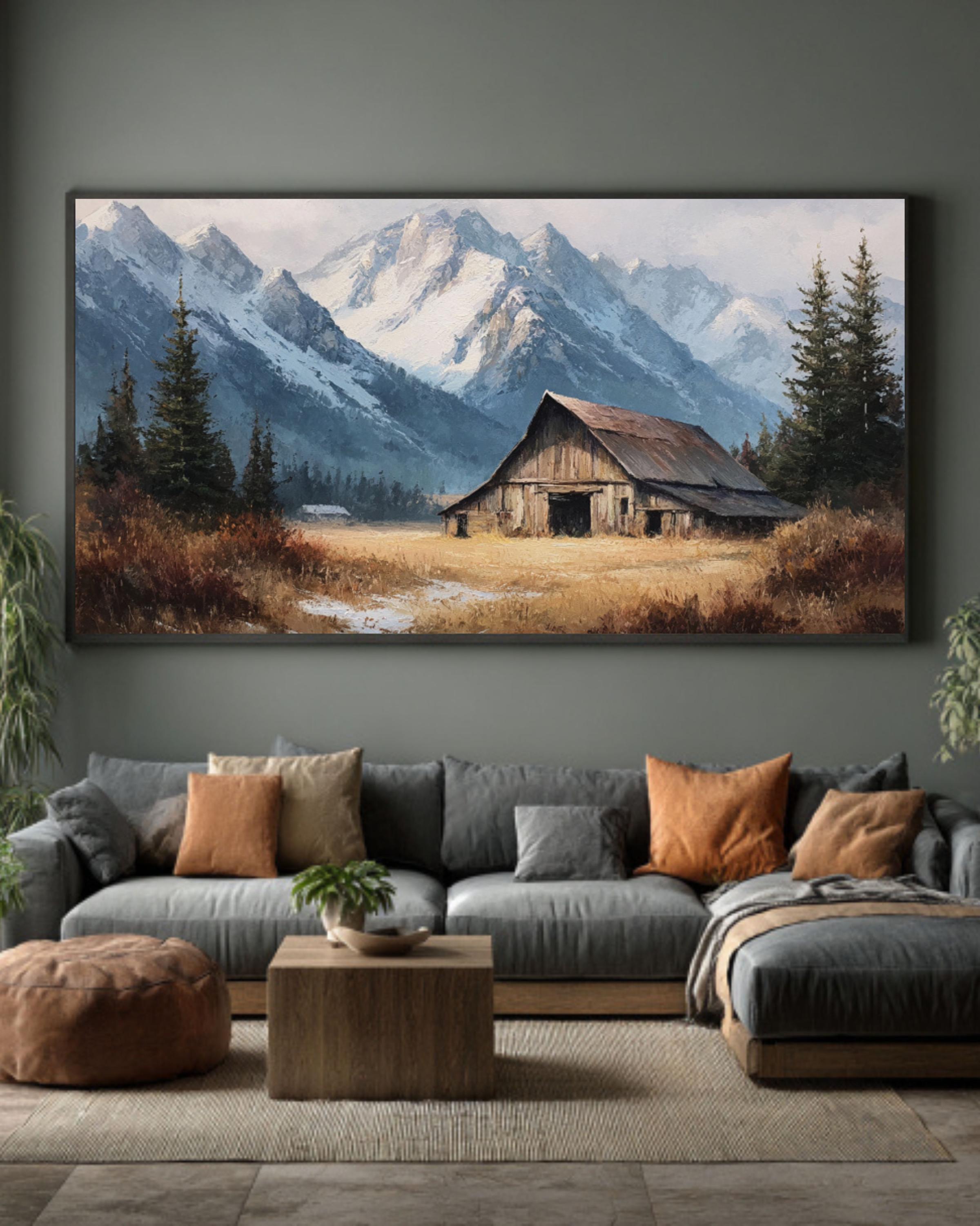 Rustic Barn & Snowy Mountain Wall Art – Farmhouse Winter Landscape Canvas Print