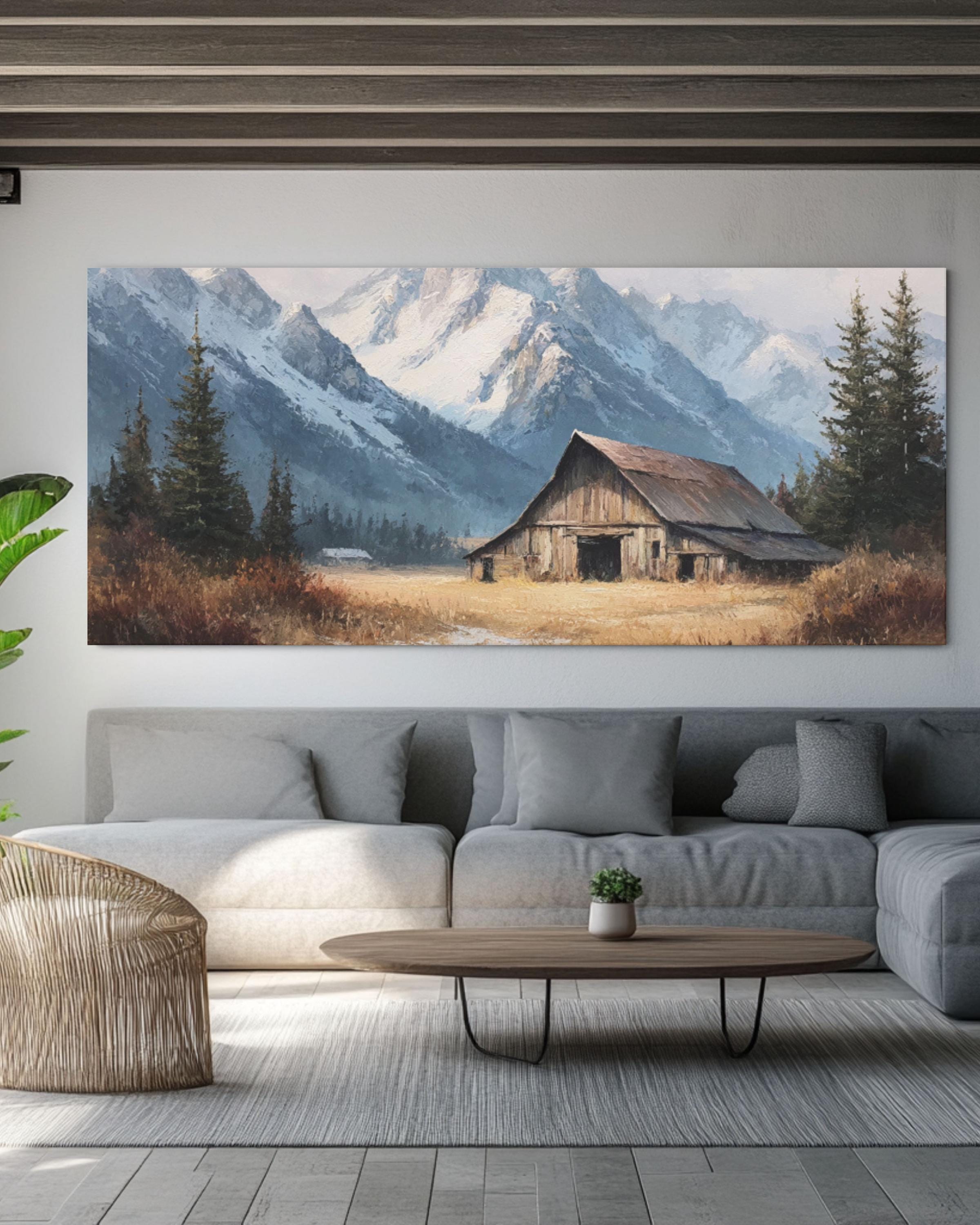 Rustic Barn & Snowy Mountain Wall Art – Farmhouse Winter Landscape Canvas Print
